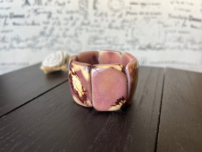 Mauve statement bracelet Tagua bracelet Light purple wide cuff bangle Beaded stretch bangle Fall fashion trends Wearable art