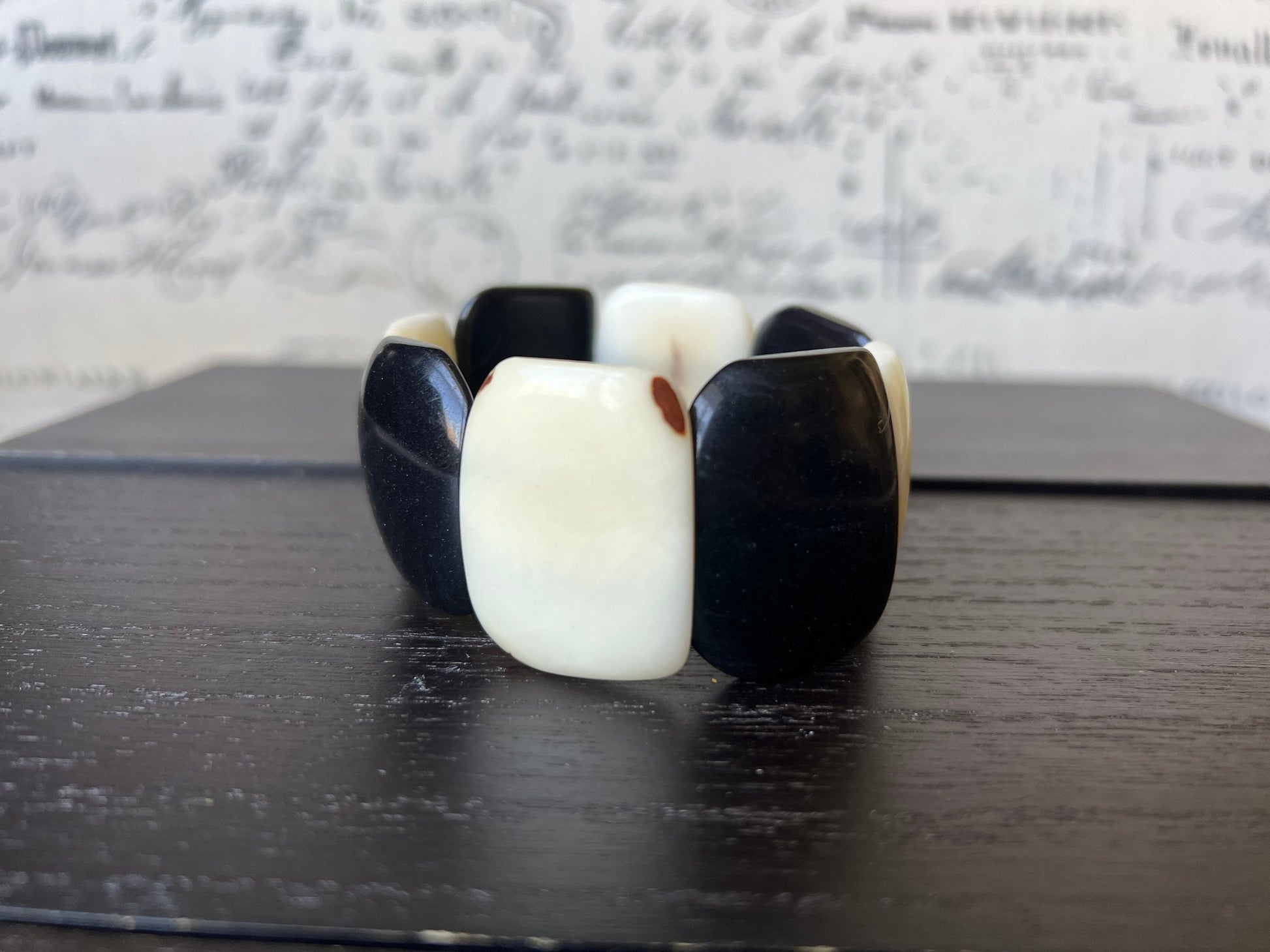 Black and White statement bracelet Tagua jewelry Fall fashion Wide cuff bangle Big oversized bracelet 14 year wedding anniversary gifts