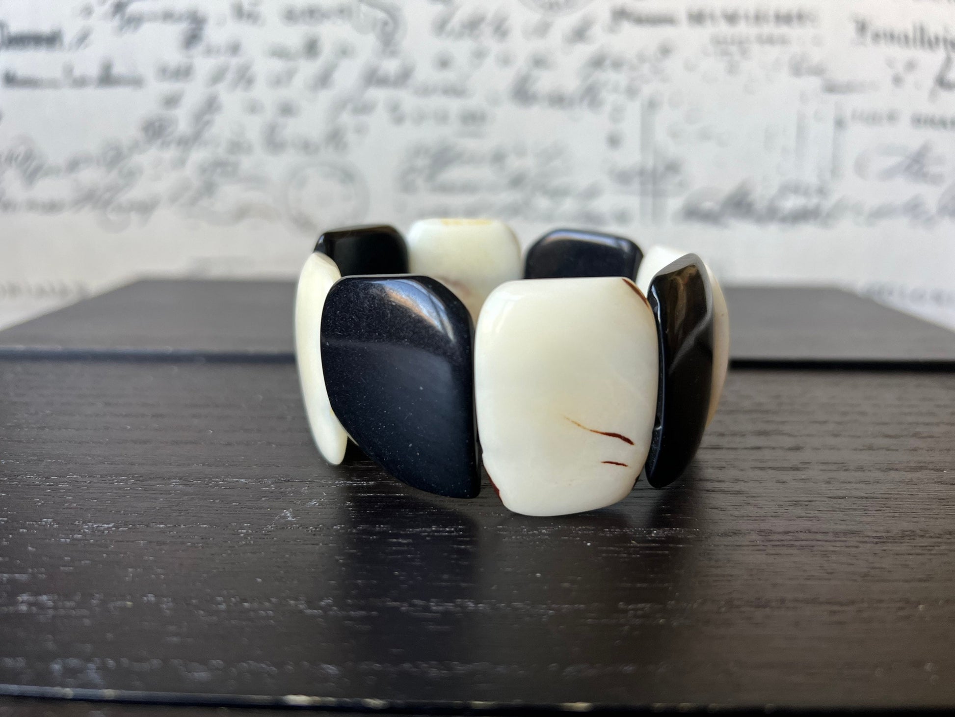 Black and White statement bracelet Tagua jewelry Fall fashion Wide cuff bangle Big oversized bracelet 14 year wedding anniversary gifts
