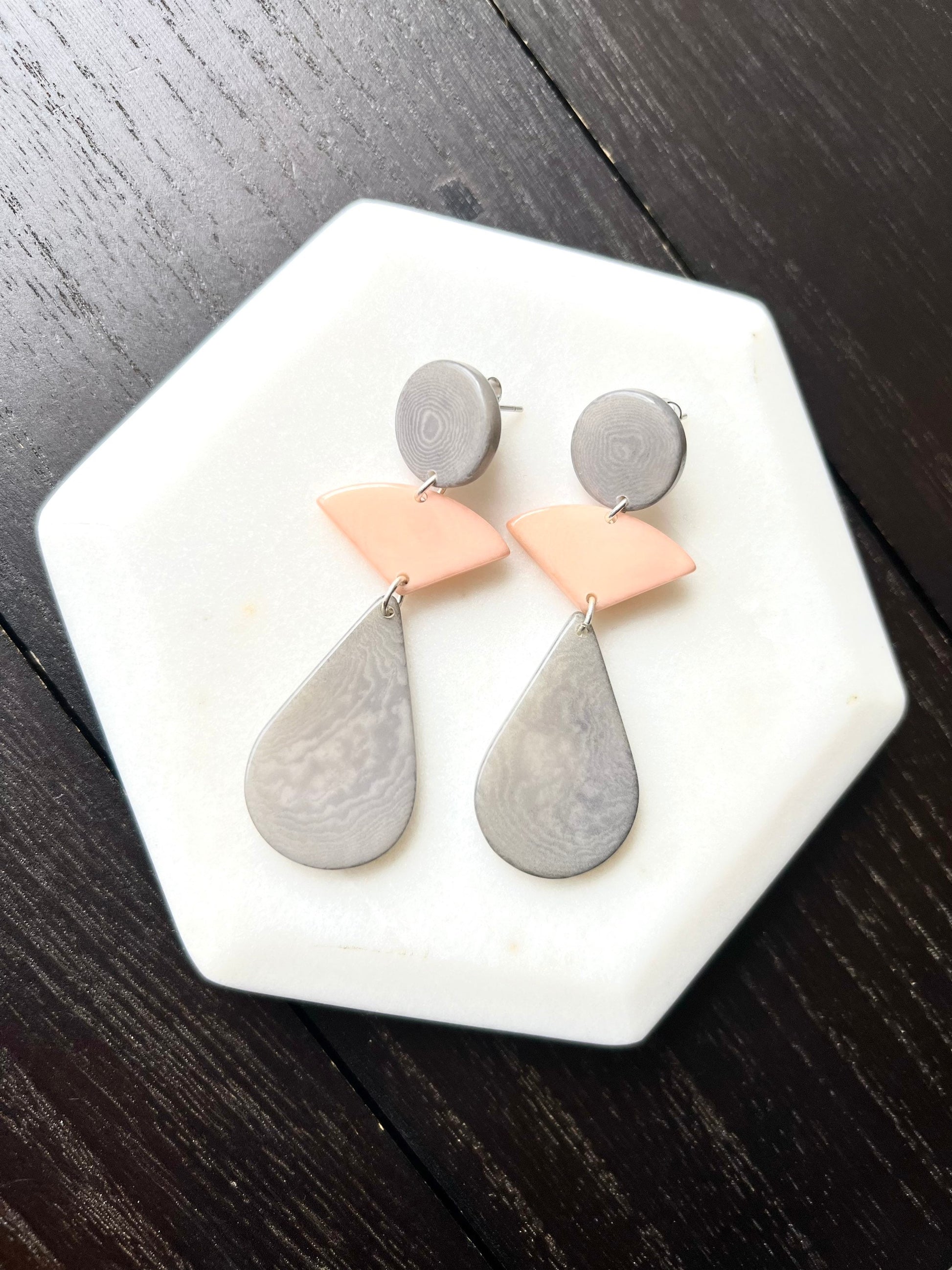 Peach and gray modern earrings Mother's day gifts Tagua jewelry Statement beaded dangle and drop earrings Edgy earrings Fall fashion