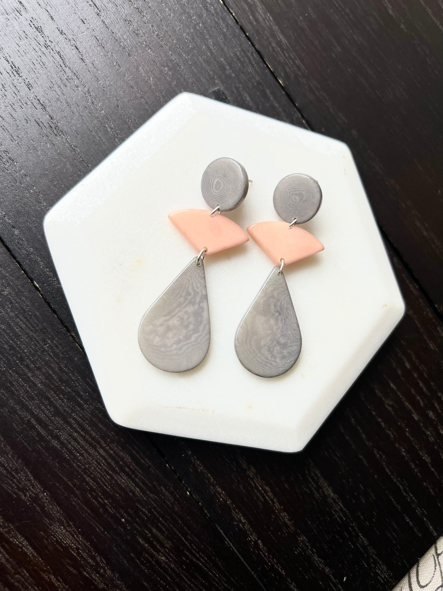 Peach and gray modern earrings Mother's day gifts Tagua jewelry Statement beaded dangle and drop earrings Edgy earrings Fall fashion