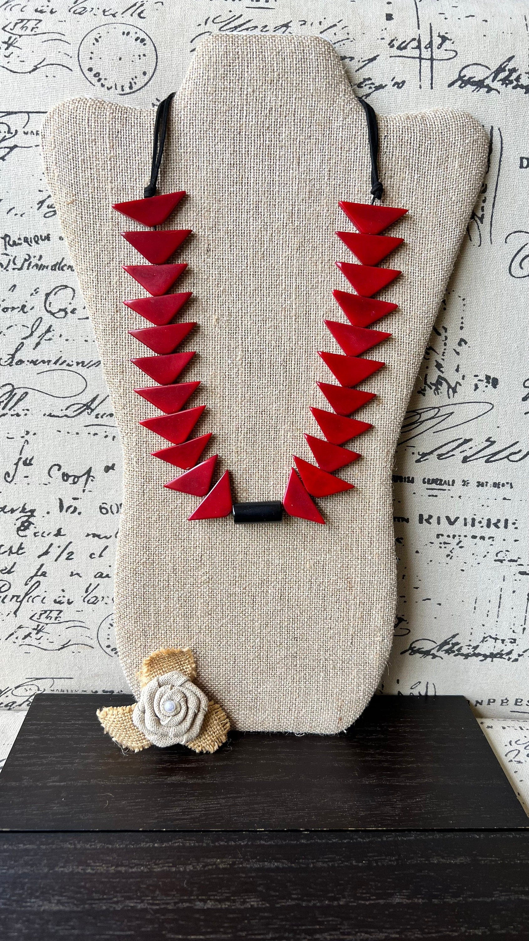 Red triangle necklace Mothers day gift Tagua necklace Adjustable cord Wearable art Statement beaded necklace Fashionable gifts Organic