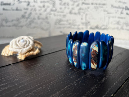 Blue statement beaded bracelet Spiked beads bangle Tagua jewelry Stretchy bracelet Fall fashion Trendy handmade jewelry Wearable art