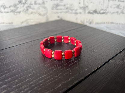 Red geometric bracelet Elastic stretch bangle Tagua jewelry Adjustable bracelet Fall fashion Wearable art Beach style Geometric bracelet
