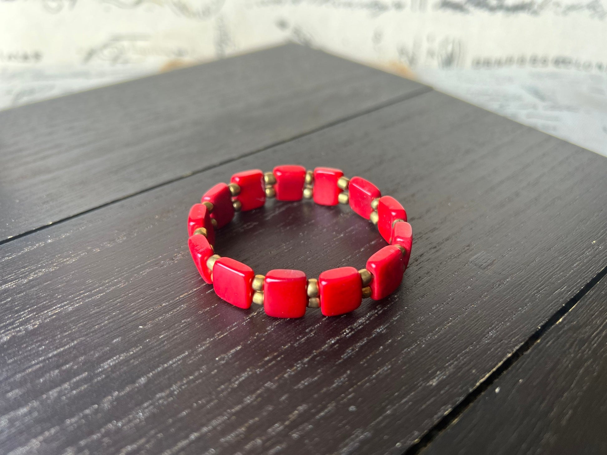 Red geometric bracelet Elastic stretch bangle Tagua jewelry Adjustable bracelet Fall fashion Wearable art Beach style Geometric bracelet
