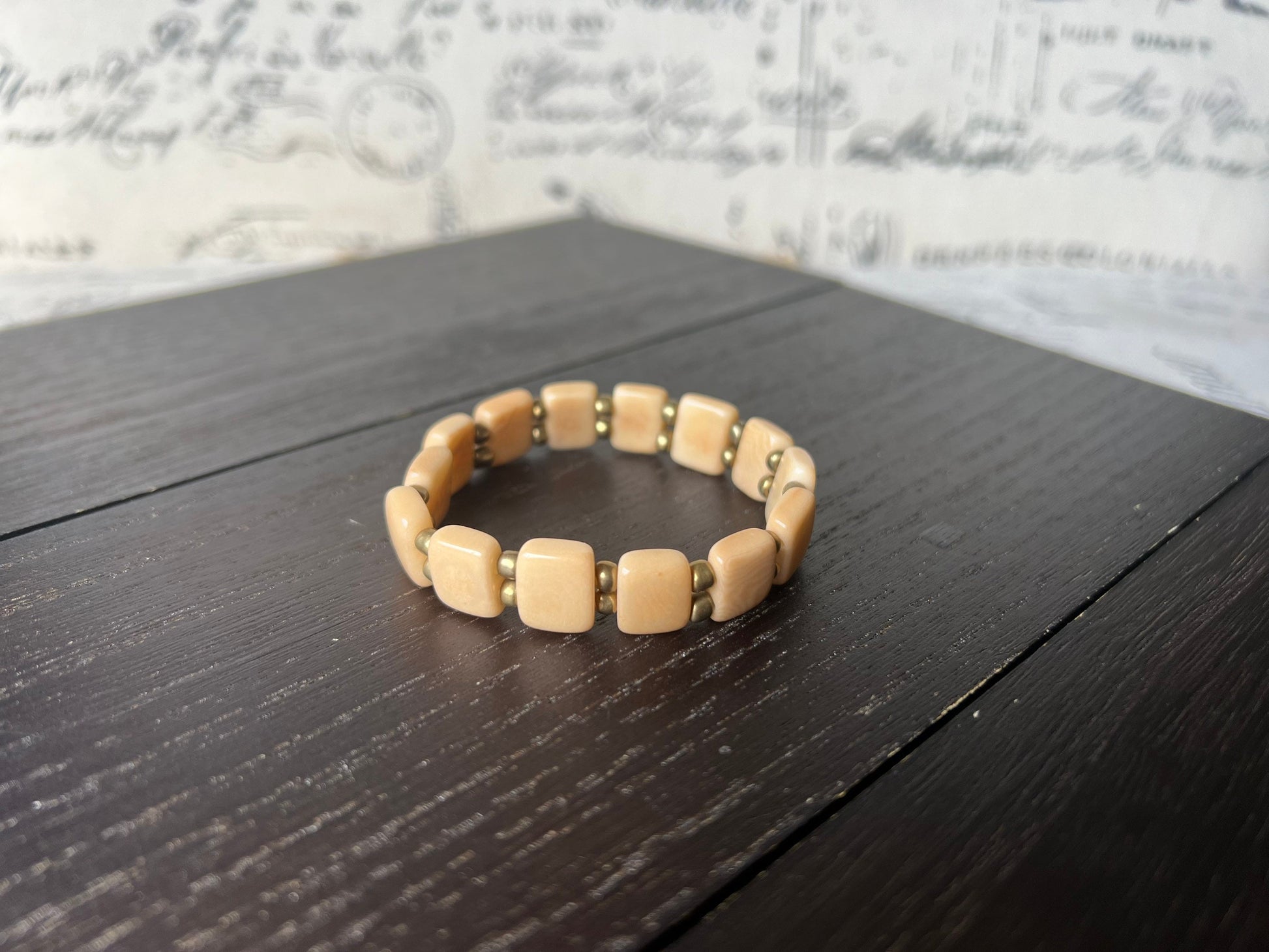 Beige square bracelet Elastic stretch bracelet Statement handmade bangle Tagua jewelry Fall fashion Art to wear Beach wear