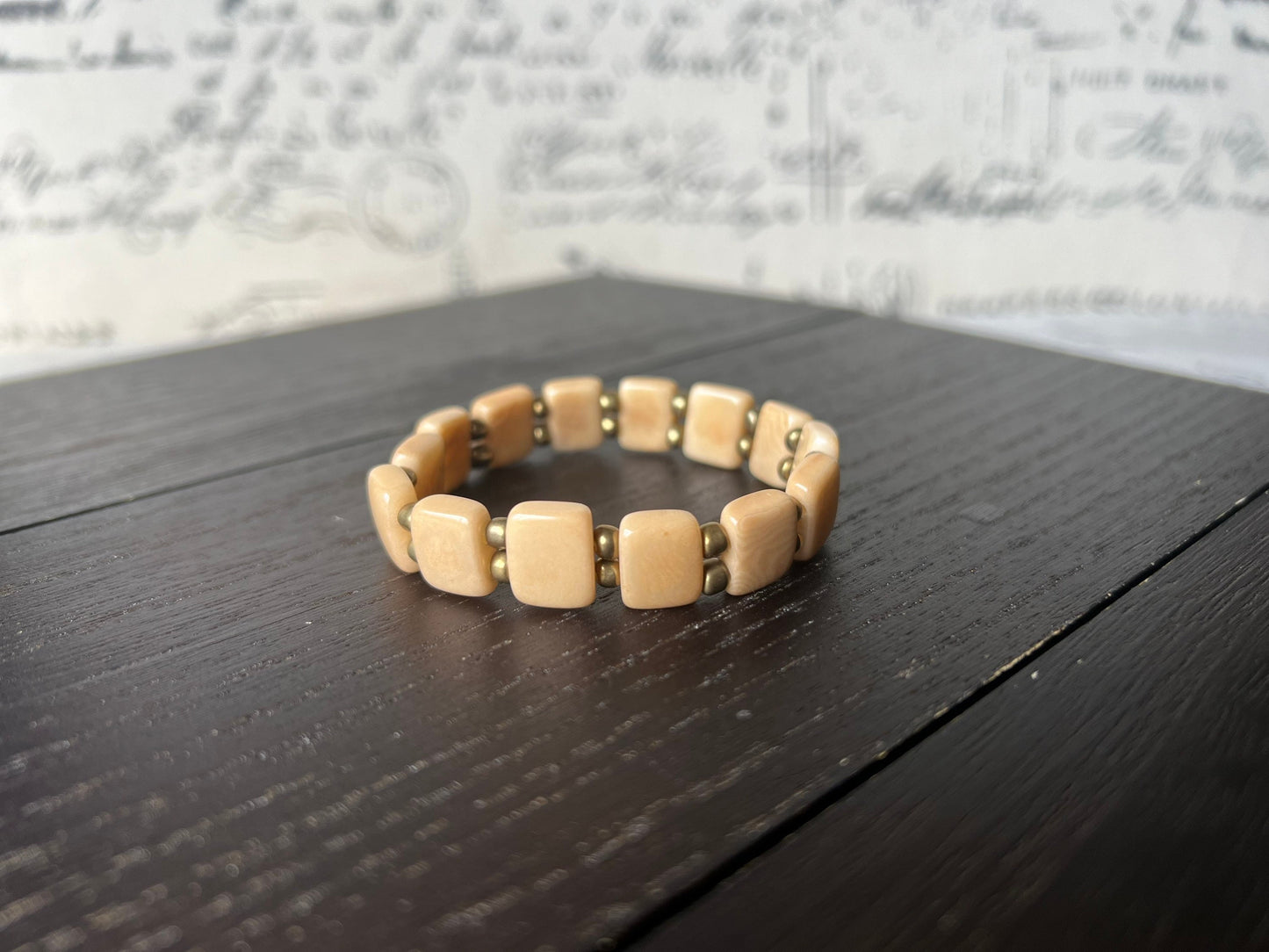 Beige square bracelet Elastic stretch bracelet Statement handmade bangle Tagua jewelry Fall fashion Art to wear Beach wear