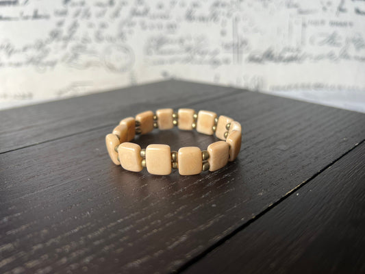 Beige square bracelet Elastic stretch bracelet Statement handmade bangle Tagua jewelry Fall fashion Art to wear Beach wear