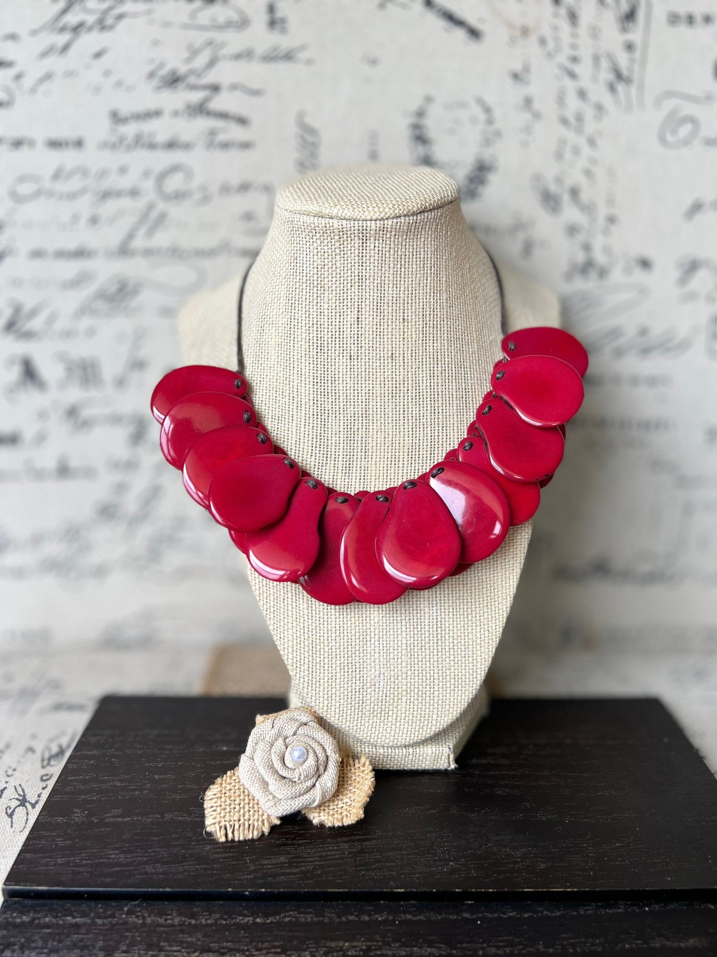 Red statement necklaces for women Tagua necklace Adjustable cord Handmade beaded necklaces Wearable art Fall fashion Beach wear Artsy gift