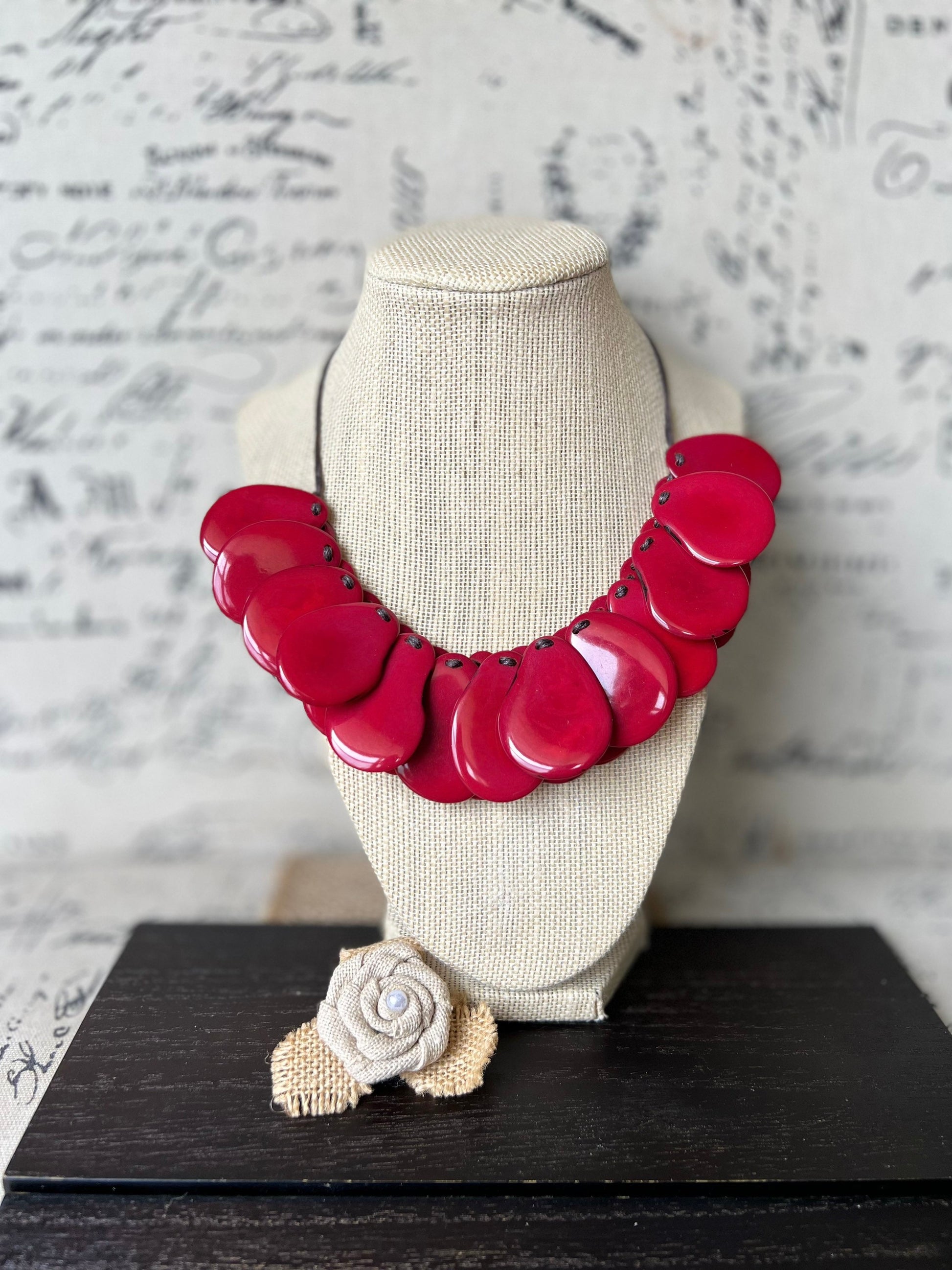 Red statement necklaces for women Tagua necklace Adjustable cord Handmade beaded necklaces Wearable art Fall fashion Beach wear Artsy gift
