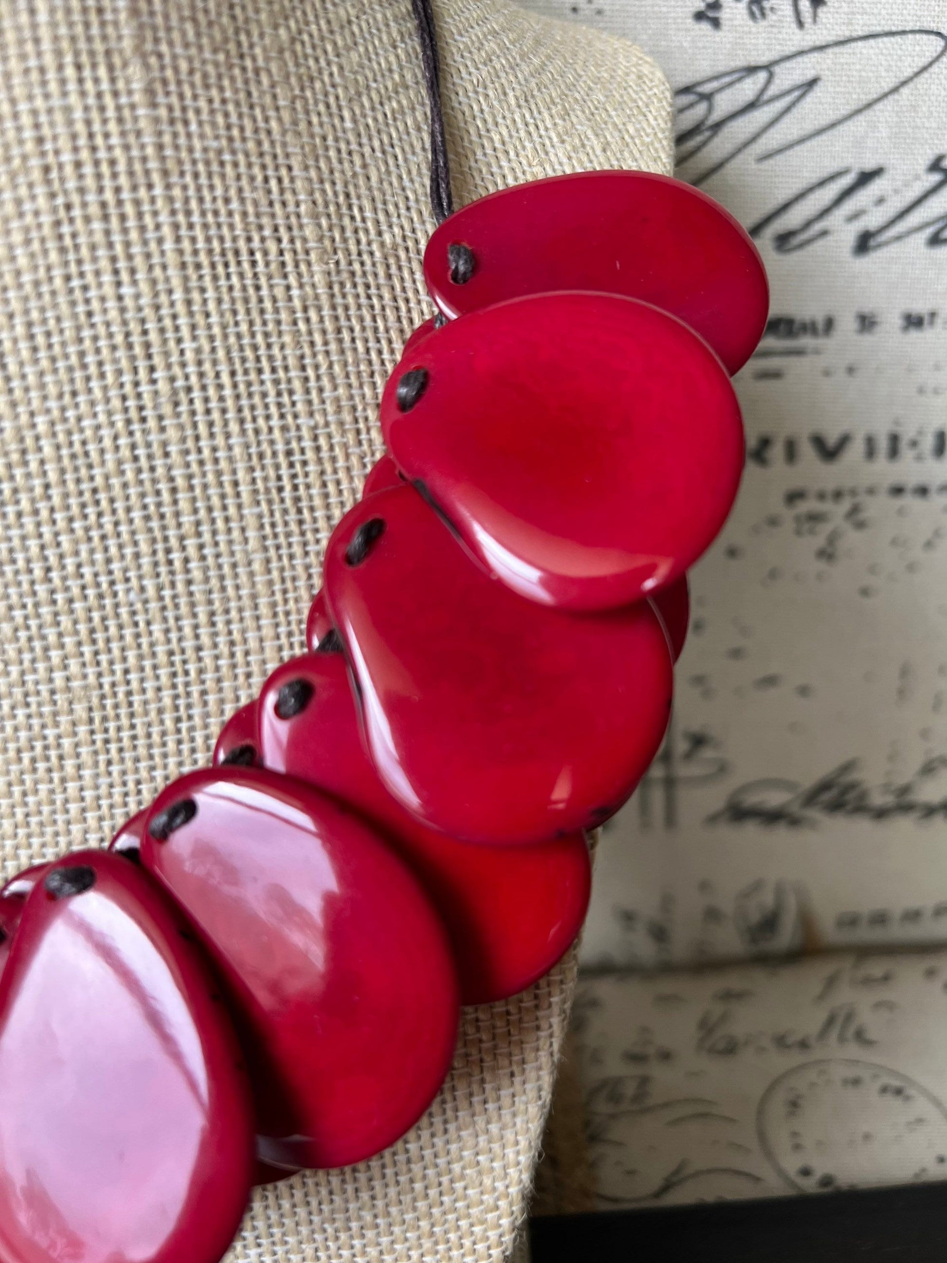 Red statement necklaces for women Tagua necklace Adjustable cord Handmade beaded necklaces Wearable art Fall fashion Beach wear Artsy gift