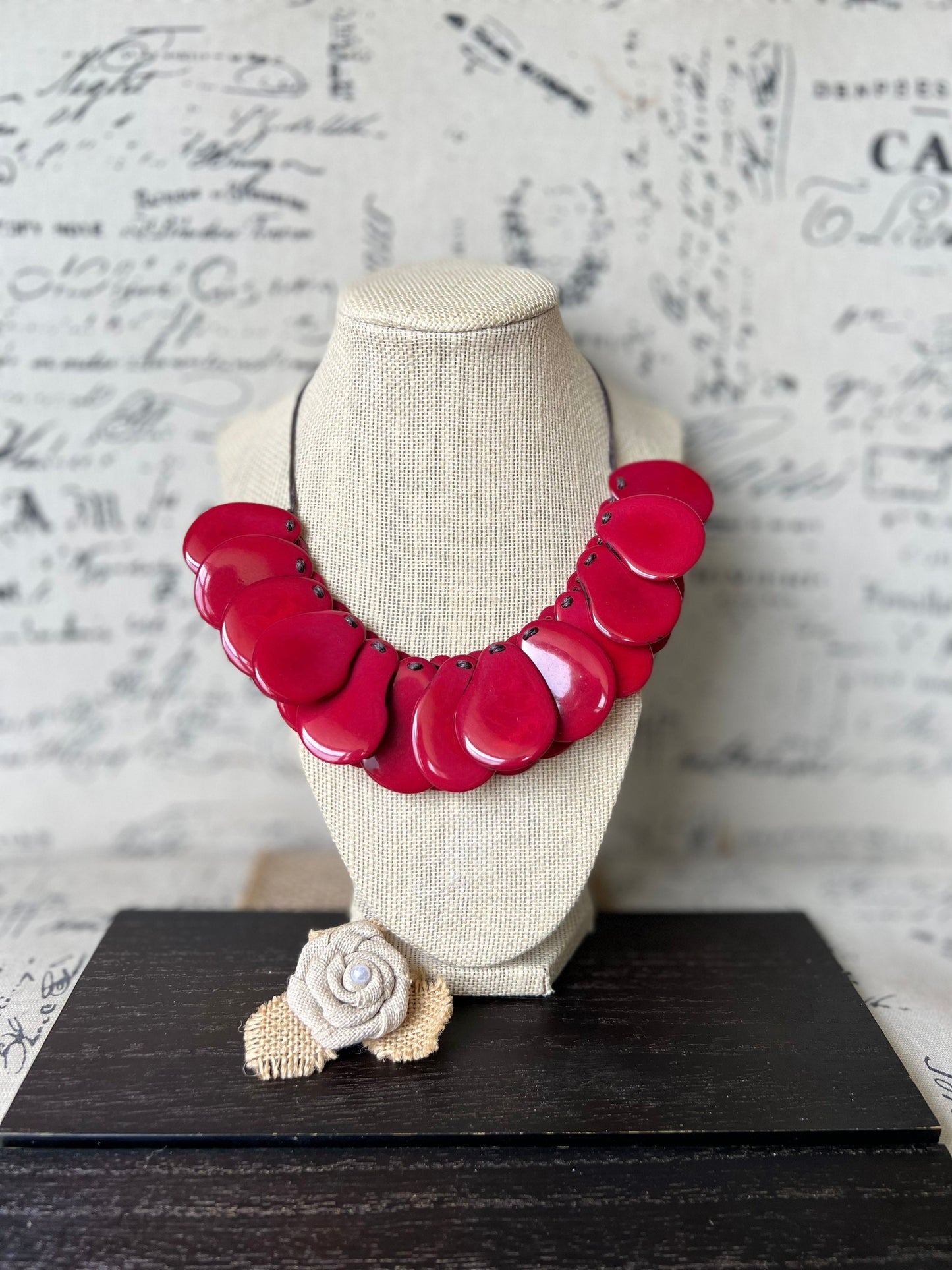 Red statement necklaces for women Tagua necklace Adjustable cord Handmade beaded necklaces Wearable art Fall fashion Beach wear Artsy gift