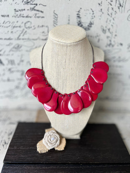 Red statement necklaces for women Tagua necklace Adjustable cord Handmade beaded necklaces Wearable art Fall fashion Beach wear Artsy gift