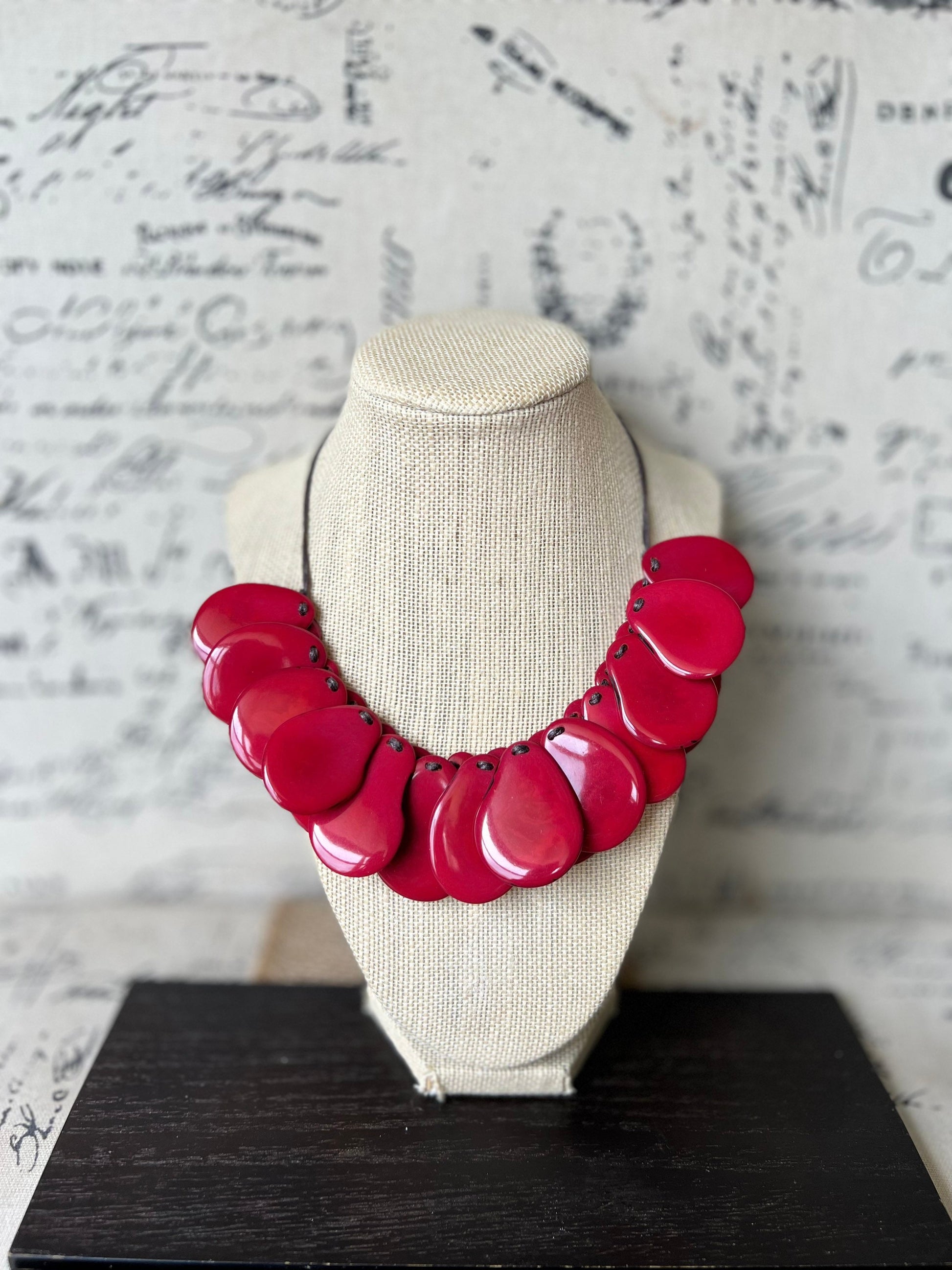 Red statement necklaces for women Tagua necklace Adjustable cord Handmade beaded necklaces Wearable art Fall fashion Beach wear Artsy gift