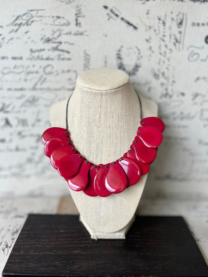 Red statement necklaces for women Tagua necklace Adjustable cord Handmade beaded necklaces Wearable art Fall fashion Beach wear Artsy gift