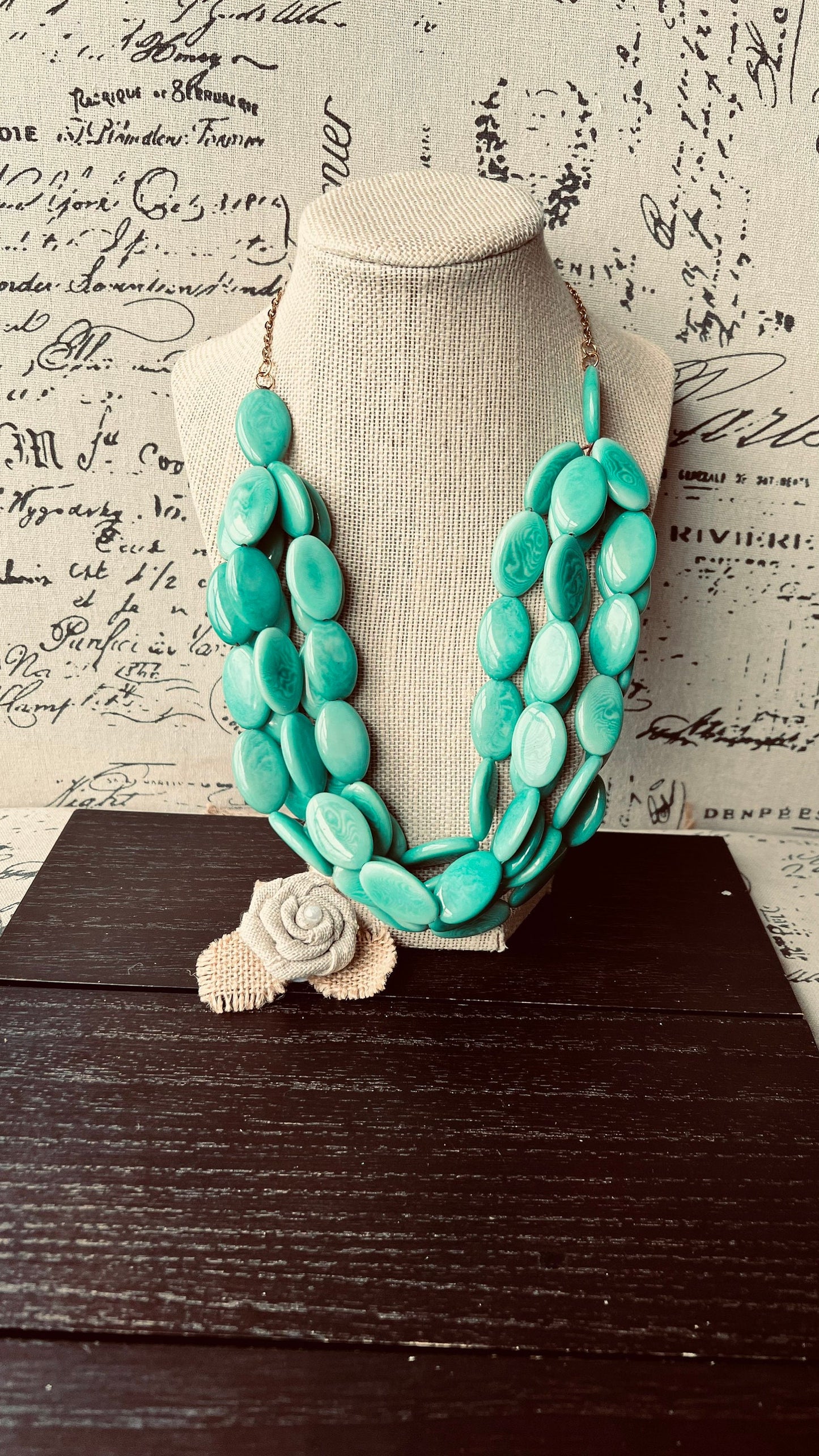 Turquoise Green Tagua Nut Necklace with Golden Chain: Handmade Multi Strand Bib Necklace