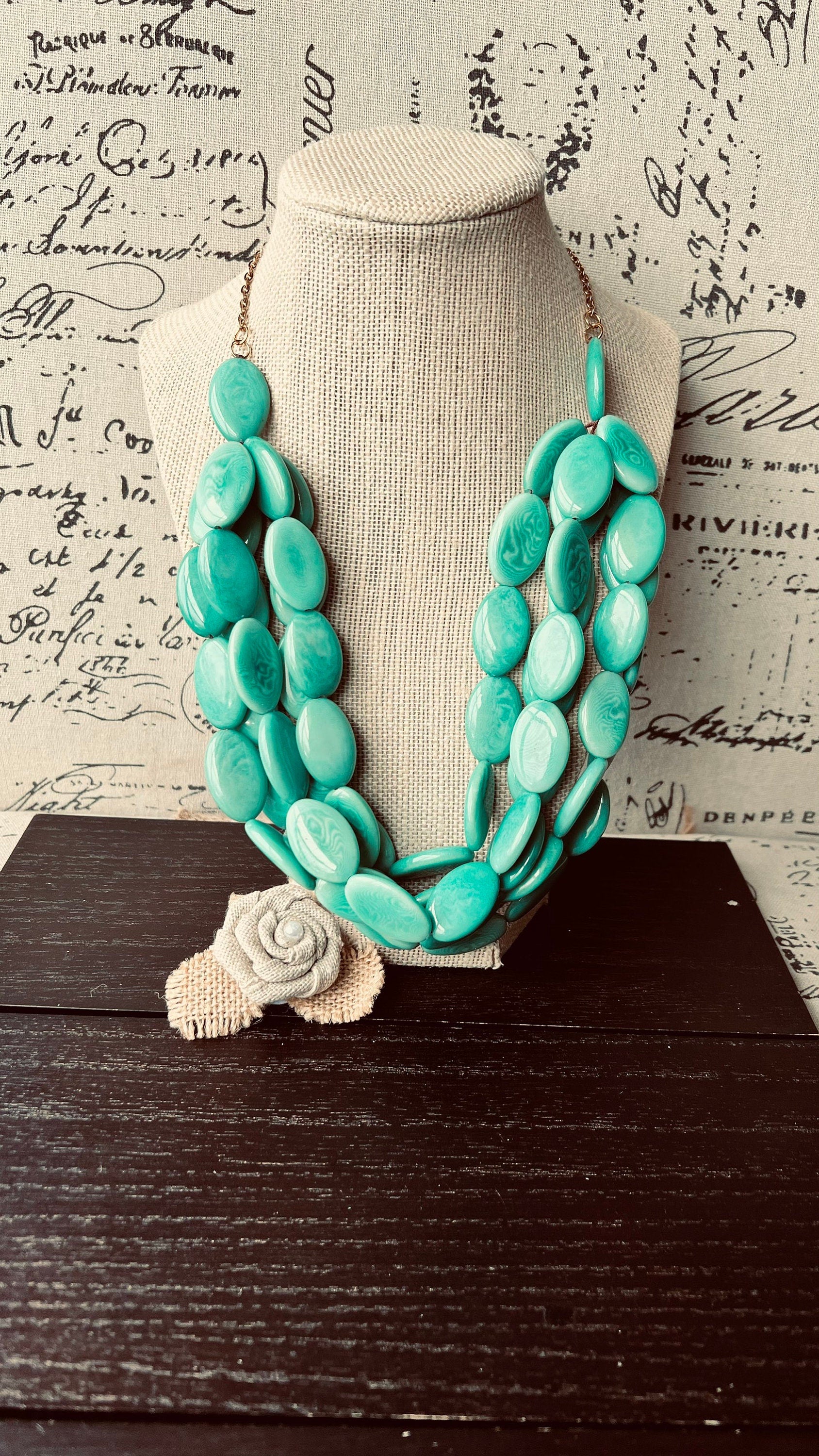 Turquoise Green Tagua Nut Necklace with Golden Chain: Handmade Multi Strand Bib Necklace