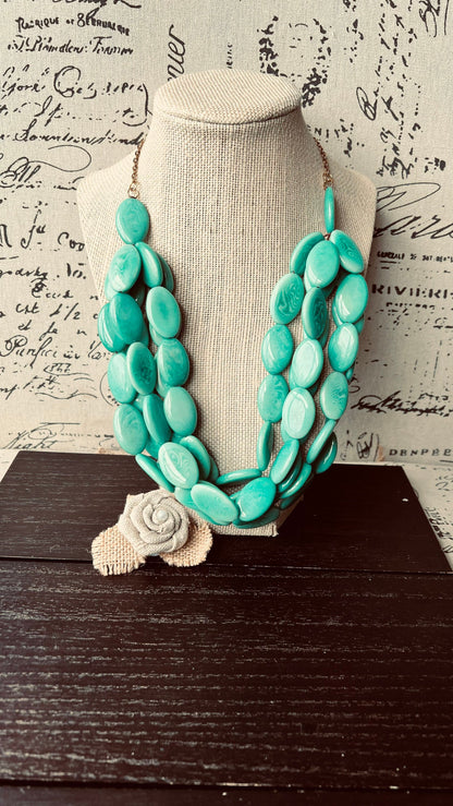 Turquoise Green Tagua Nut Necklace with Golden Chain: Handmade Multi Strand Bib Necklace