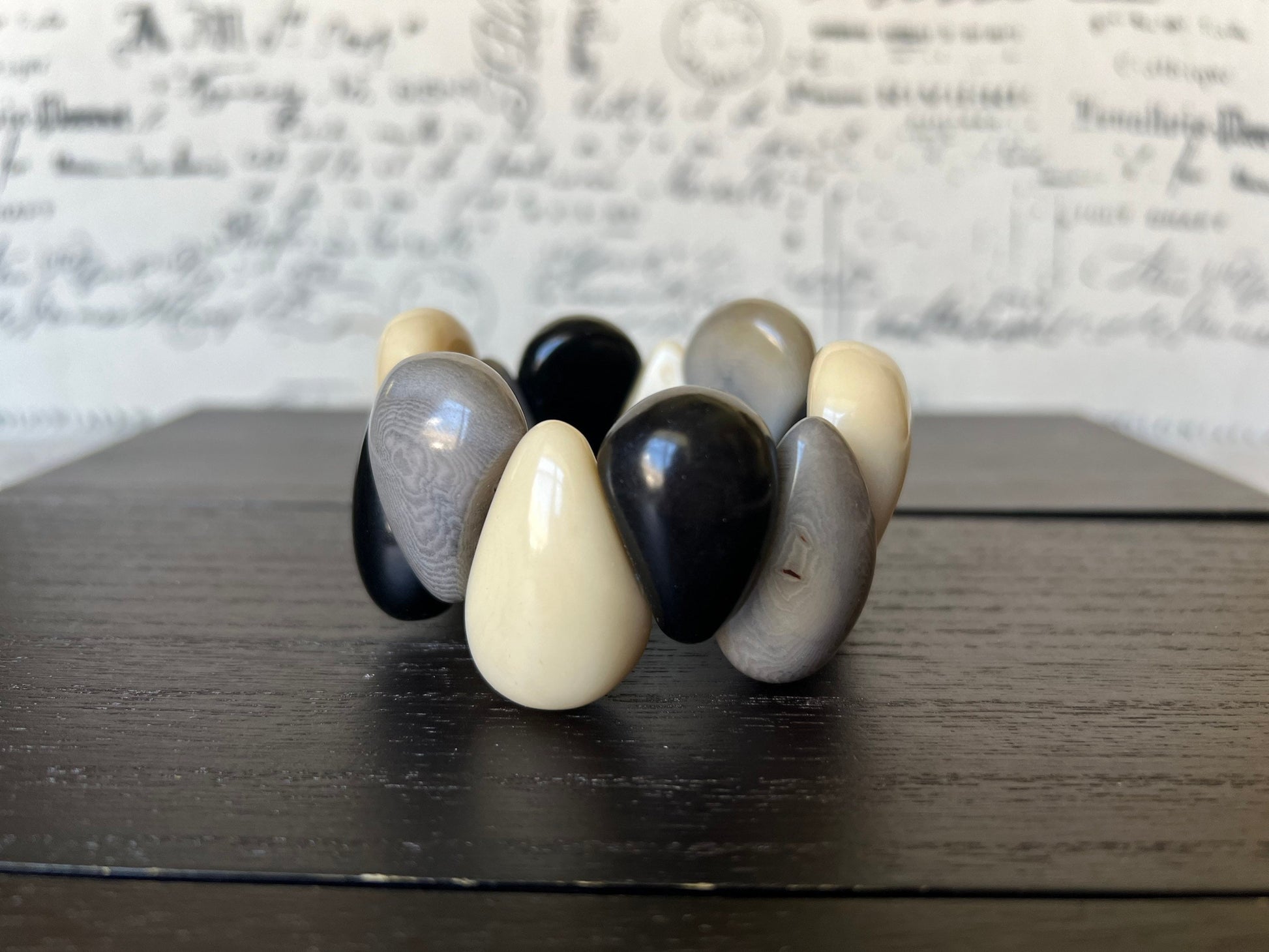 Black white and gray statement bracelet Tagua jewelry Big bracelet for women Chunky bracelet Raindrop bracelet Fall fashion Art to wear