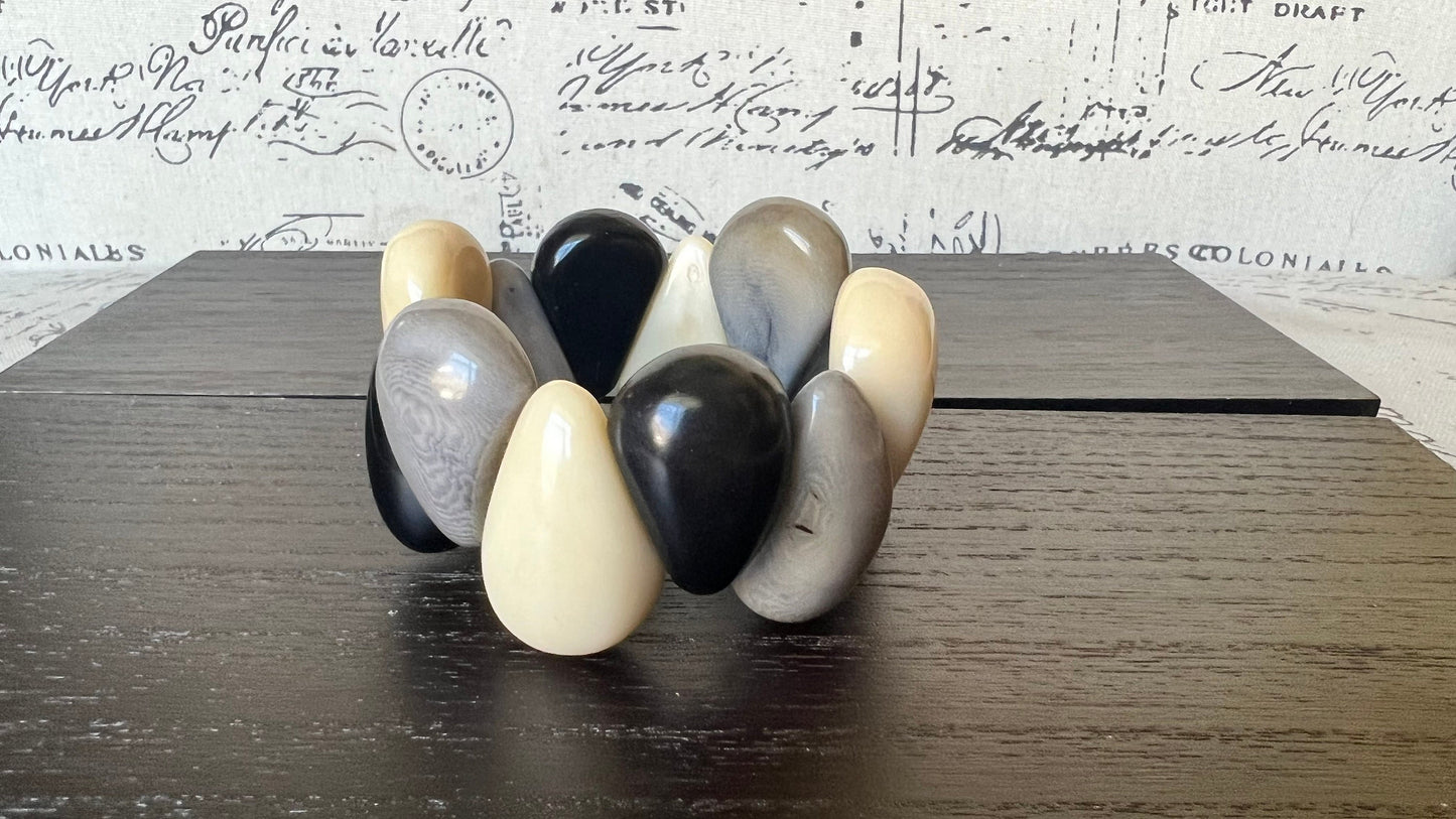 Black white and gray statement bracelet Tagua jewelry Big bracelet for women Chunky bracelet Raindrop bracelet Fall fashion Art to wear