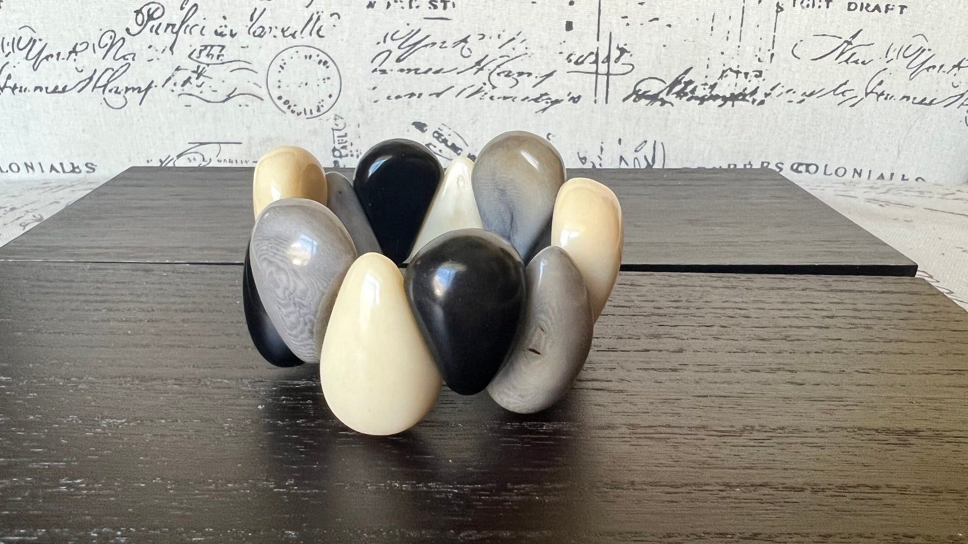 Black white and gray statement bracelet Tagua jewelry Big bracelet for women Chunky bracelet Raindrop bracelet Fall fashion Art to wear