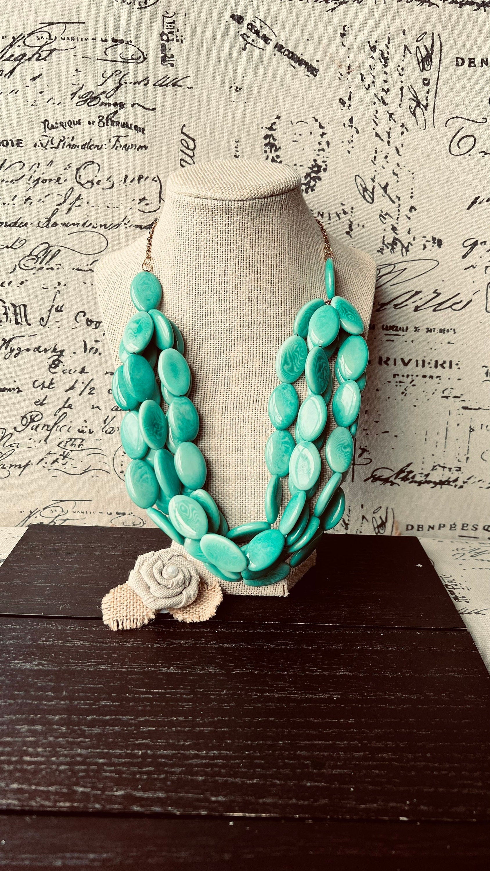 Turquoise Green Tagua Nut Necklace with Golden Chain: Handmade Multi Strand Bib Necklace
