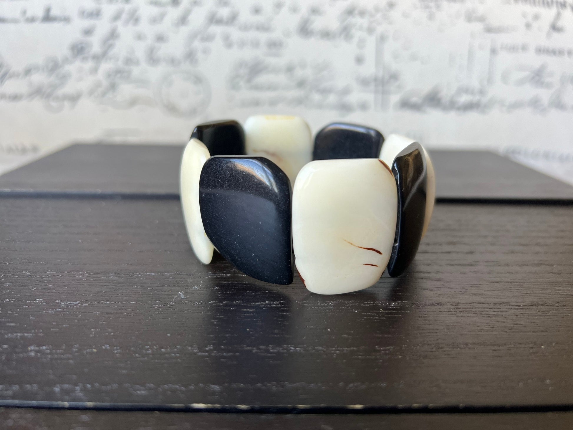 Black and White statement bracelet Tagua jewelry Fall fashion Wide cuff bangle Big oversized bracelet 14 year wedding anniversary gifts