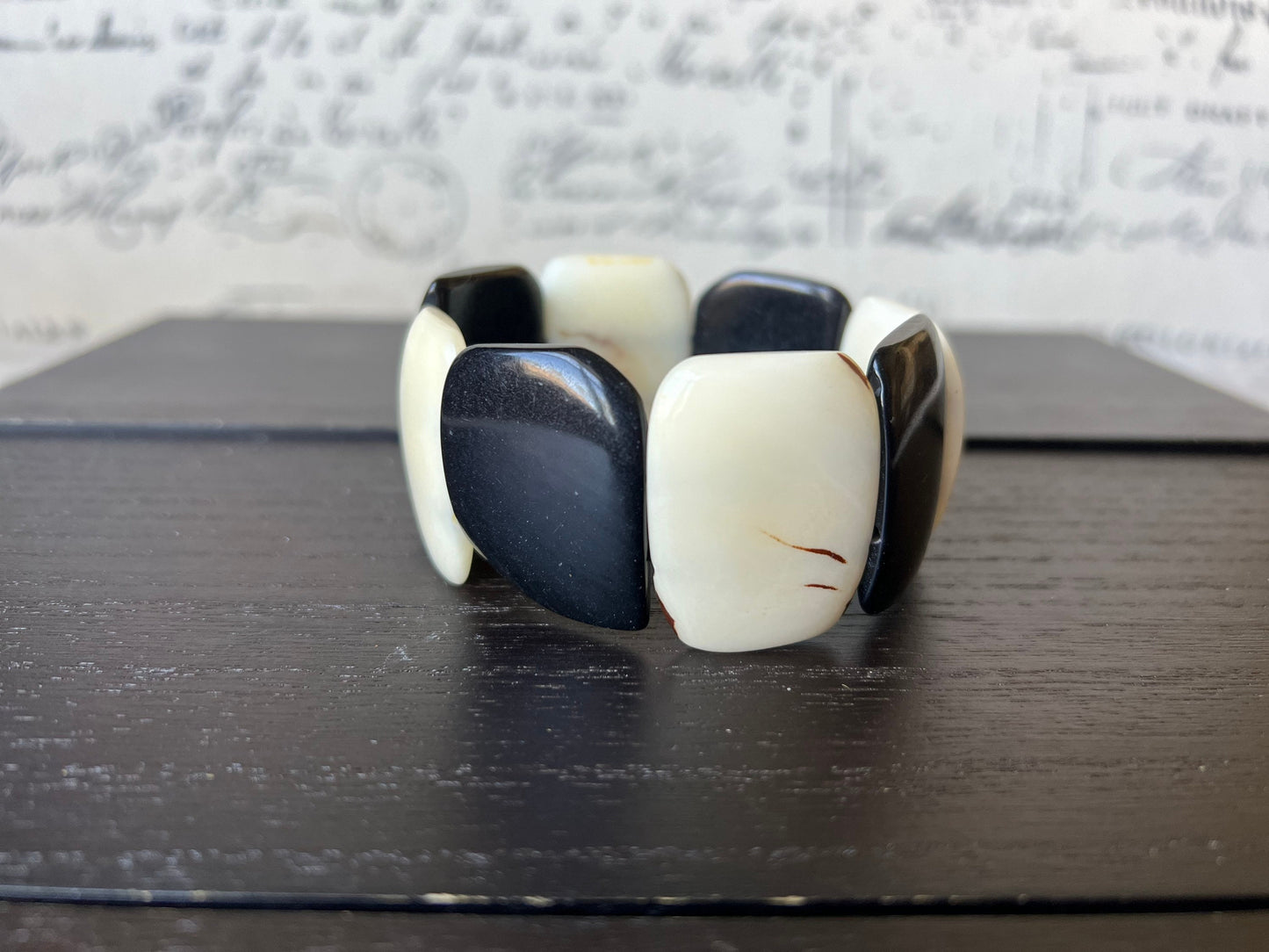 Black and White statement bracelet Tagua jewelry Fall fashion Wide cuff bangle Big oversized bracelet 14 year wedding anniversary gifts