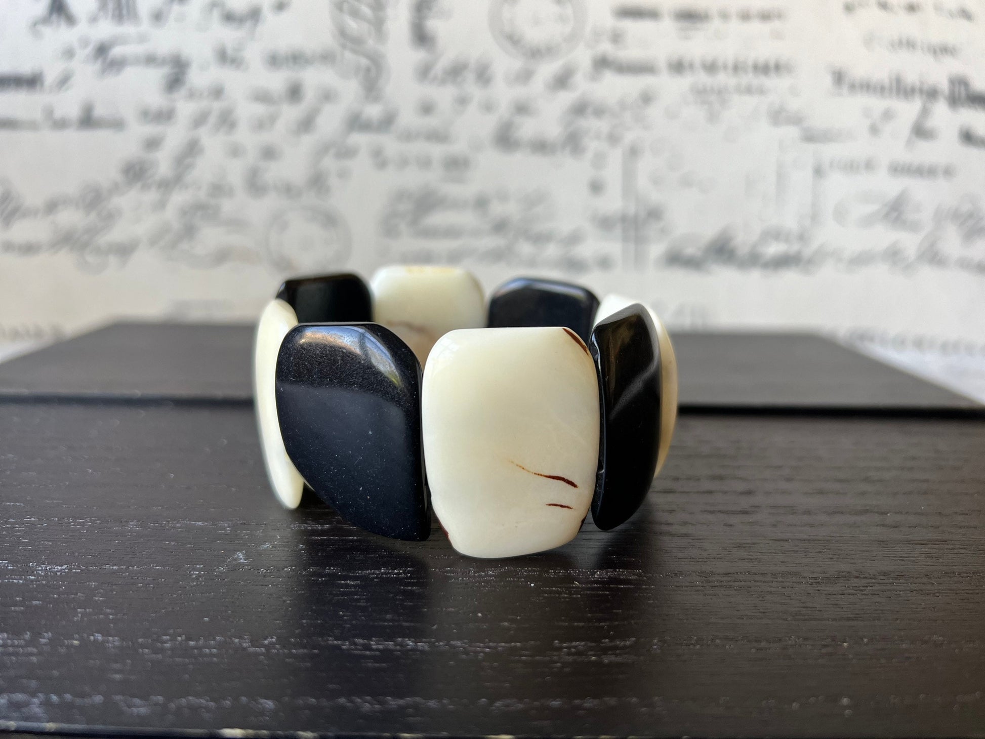 Black and White statement bracelet Tagua jewelry Fall fashion Wide cuff bangle Big oversized bracelet 14 year wedding anniversary gifts
