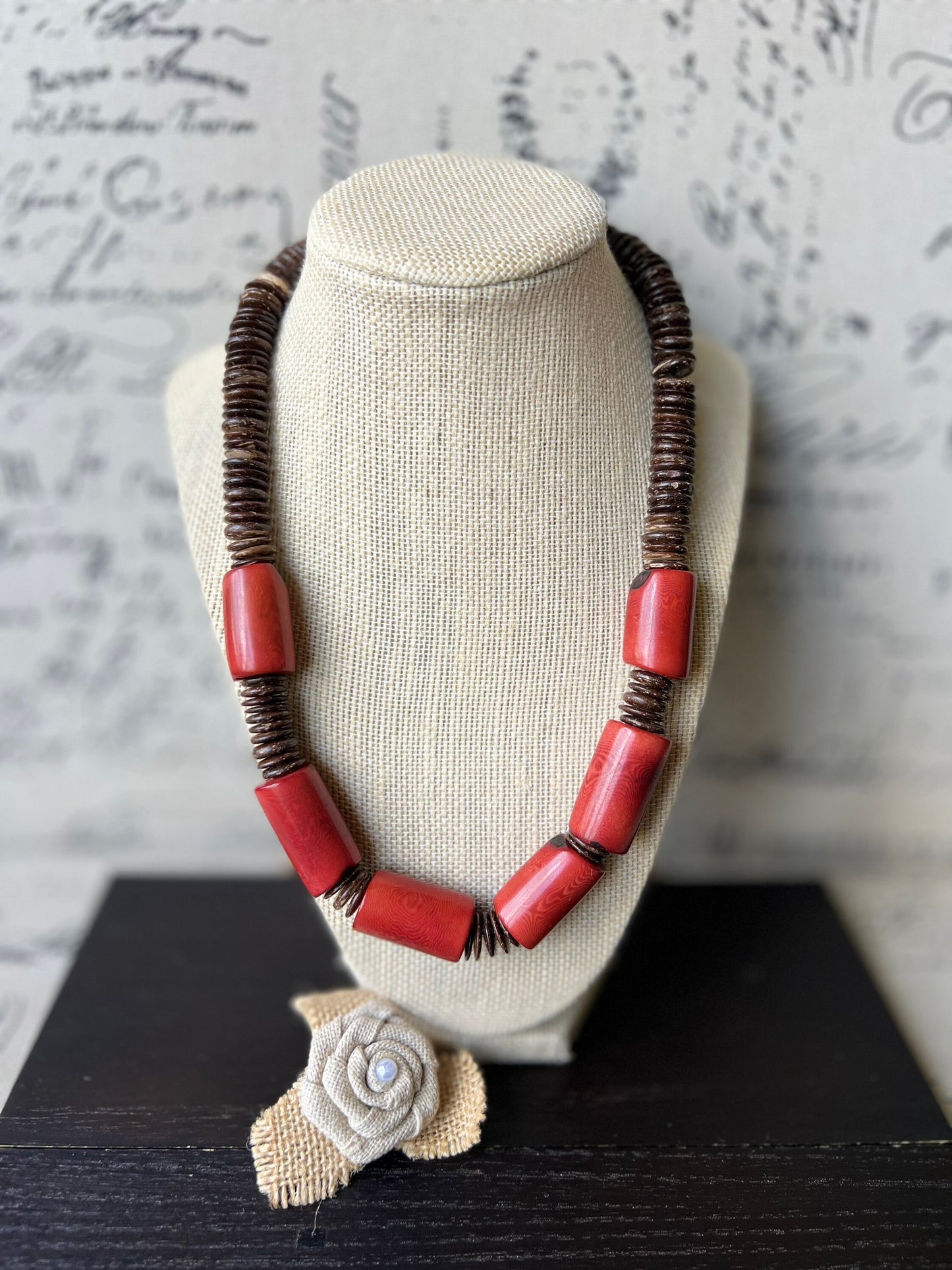 Red Tagua Nut Necklace with Coconut Beads: Handmade Statement Jewelry for Women