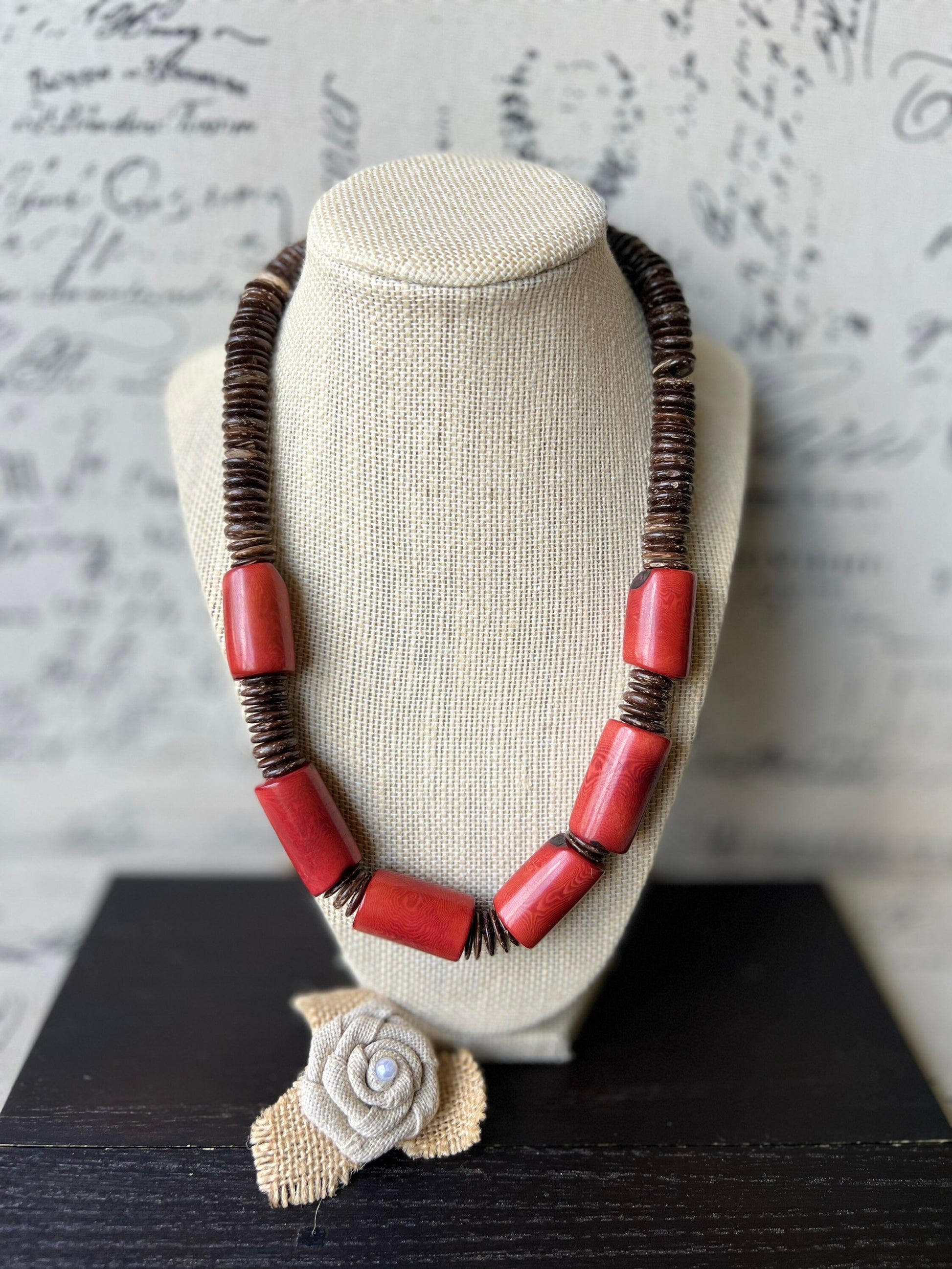 Red Tagua Nut Necklace with Coconut Beads: Handmade Statement Jewelry for Women