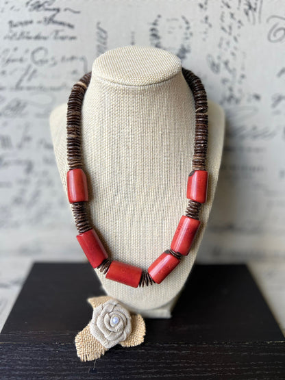 Red Tagua Nut Necklace with Coconut Beads: Handmade Statement Jewelry for Women