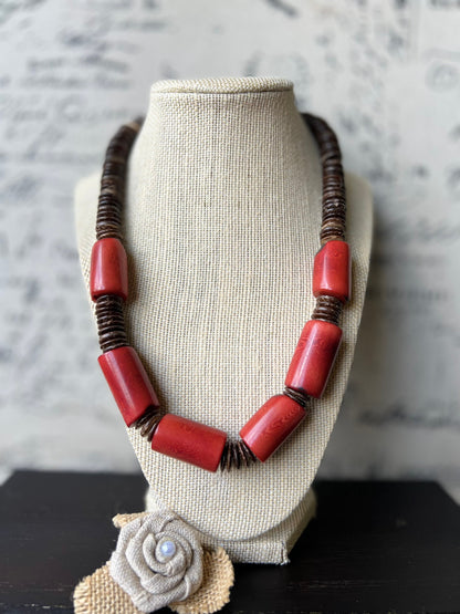 Red Tagua Nut Necklace with Coconut Beads: Handmade Statement Jewelry for Women