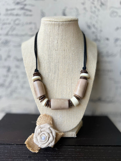 Beige tagua necklace with coconut beads Adjustable cord Fall fashion trends Wearable art Fall fashion 2025s Easter outfit accessories