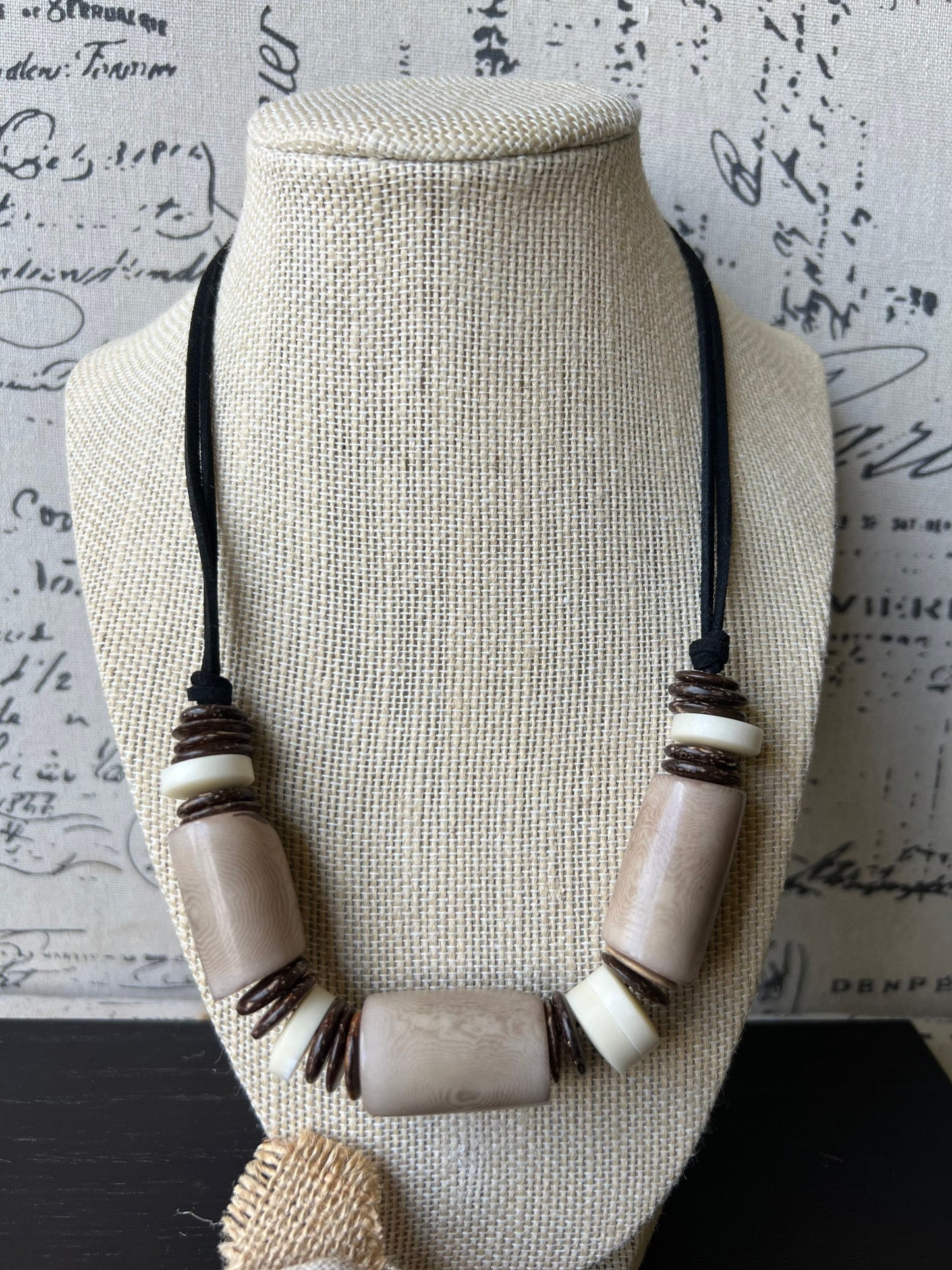 Beige tagua necklace with coconut beads Adjustable cord Fall fashion trends Wearable art Fall fashion 2025s Easter outfit accessories