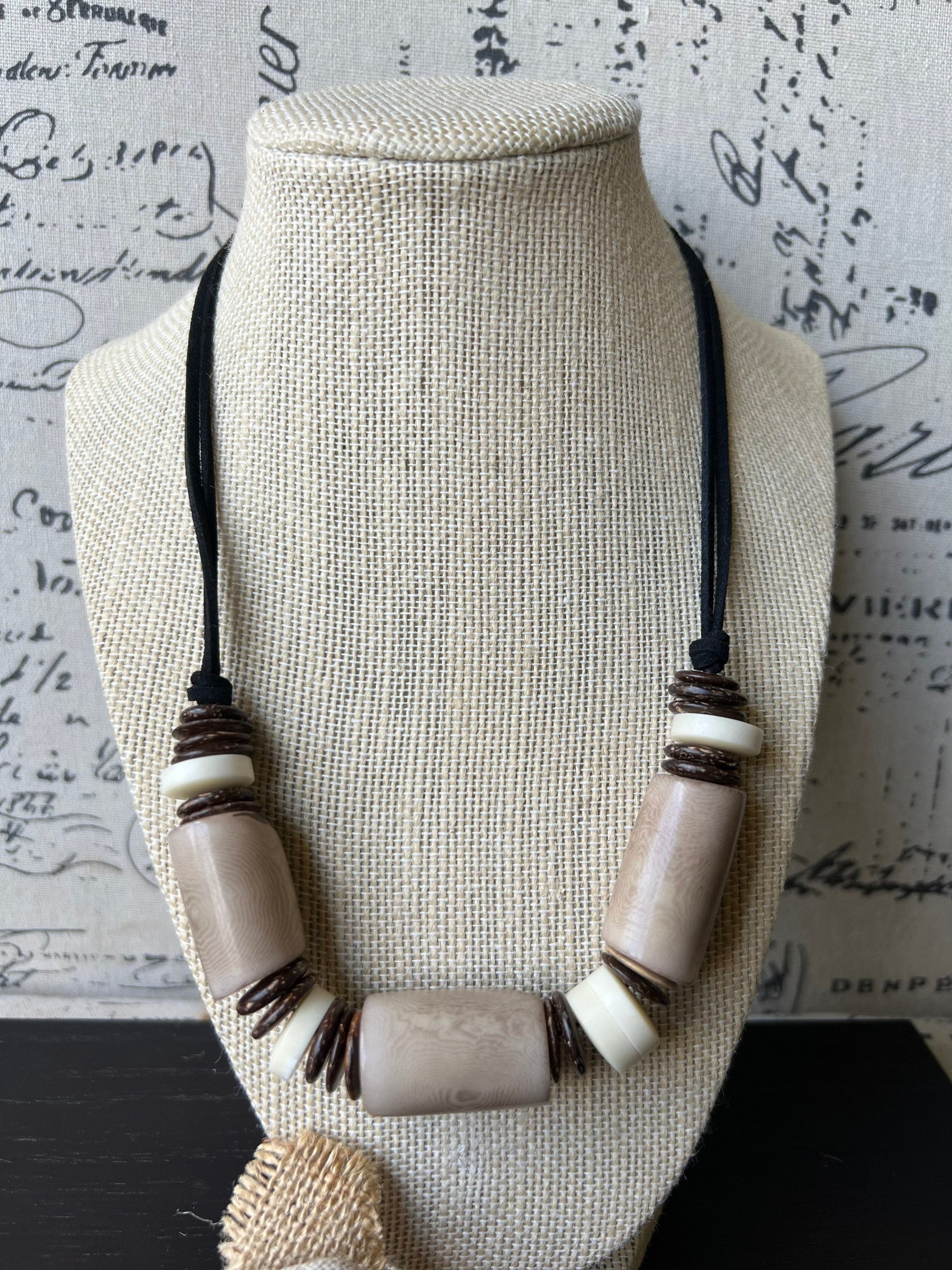 Beige tagua necklace with coconut beads Adjustable cord Fall fashion trends Wearable art Fall fashion 2025s Easter outfit accessories