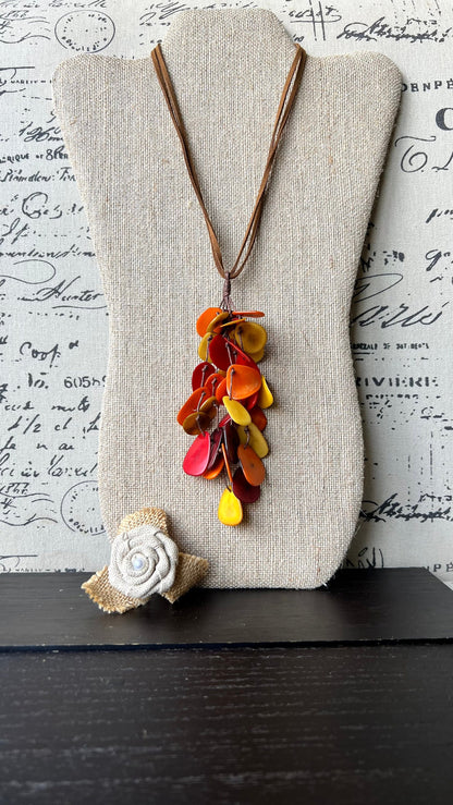 Red orange yellow pendant necklace Boho jewelry Tagua jewelry Adjustable cord Wearable art Fall fashion 2025s Whimsical necklace Lightweight