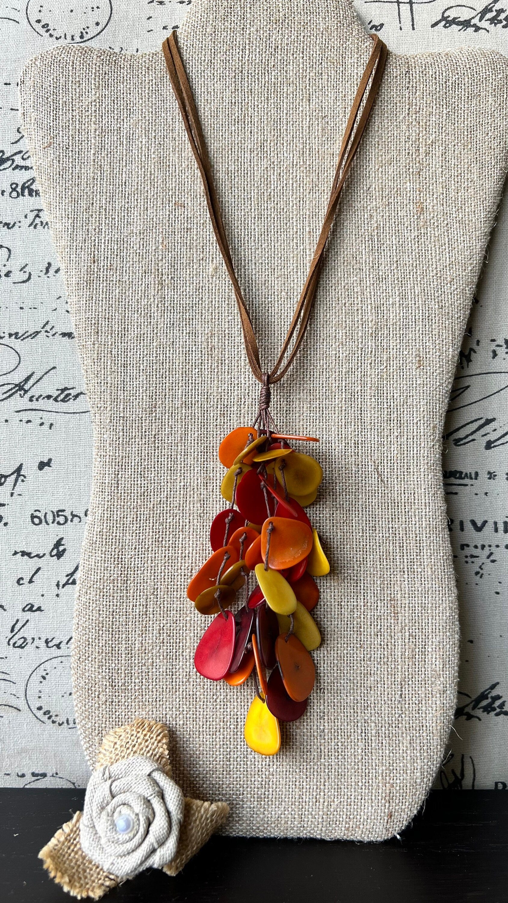 Red orange yellow pendant necklace Boho jewelry Tagua jewelry Adjustable cord Wearable art Fall fashion 2025s Whimsical necklace Lightweight