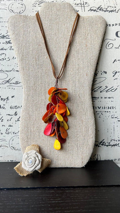 Red orange yellow pendant necklace Boho jewelry Tagua jewelry Adjustable cord Wearable art Fall fashion 2025s Whimsical necklace Lightweight