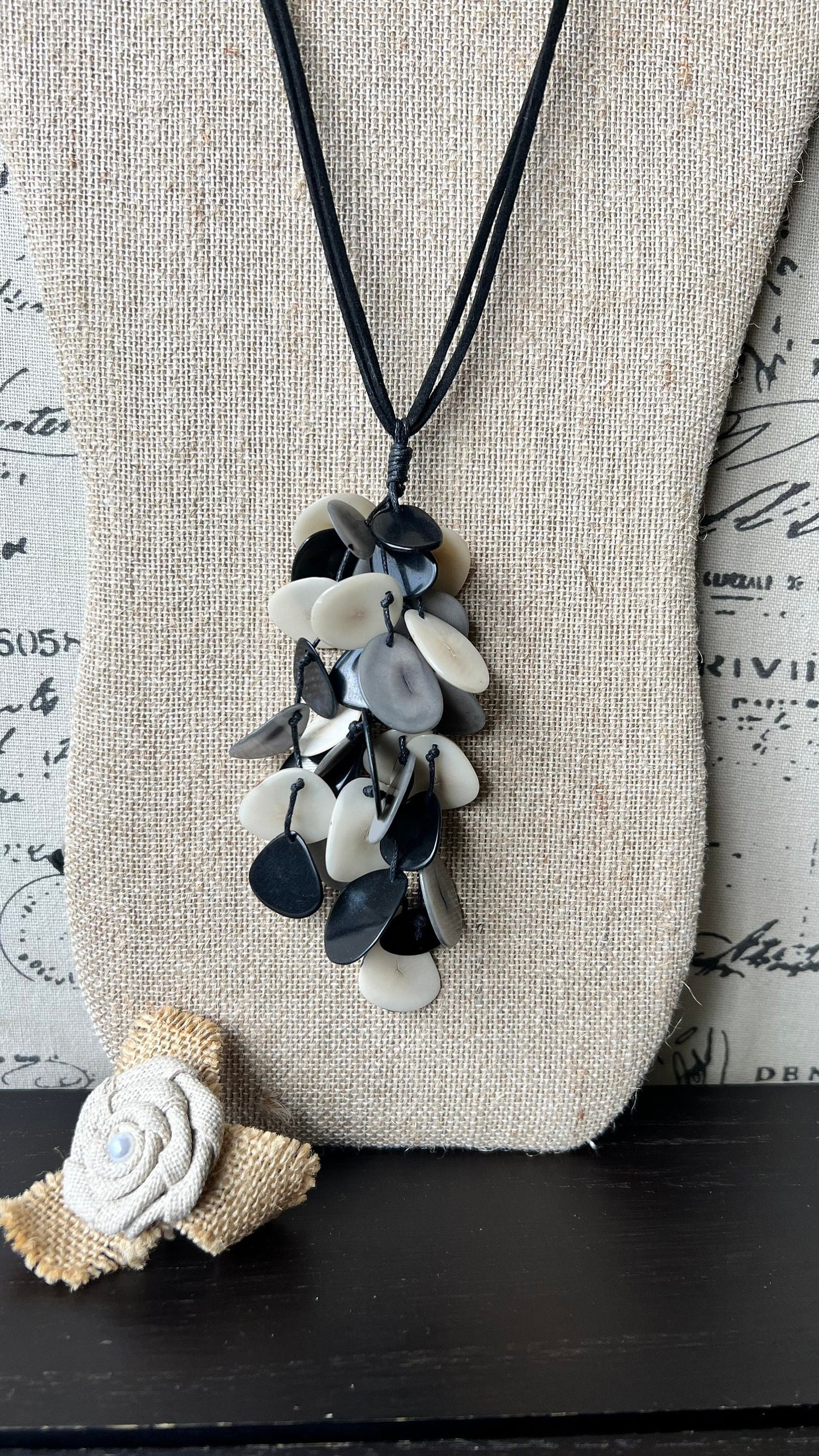 Black white and gray pendant necklace Tagua jewelry Statement necklaces for women Art to wear Fall fashion trends Beach style Artsy gifts