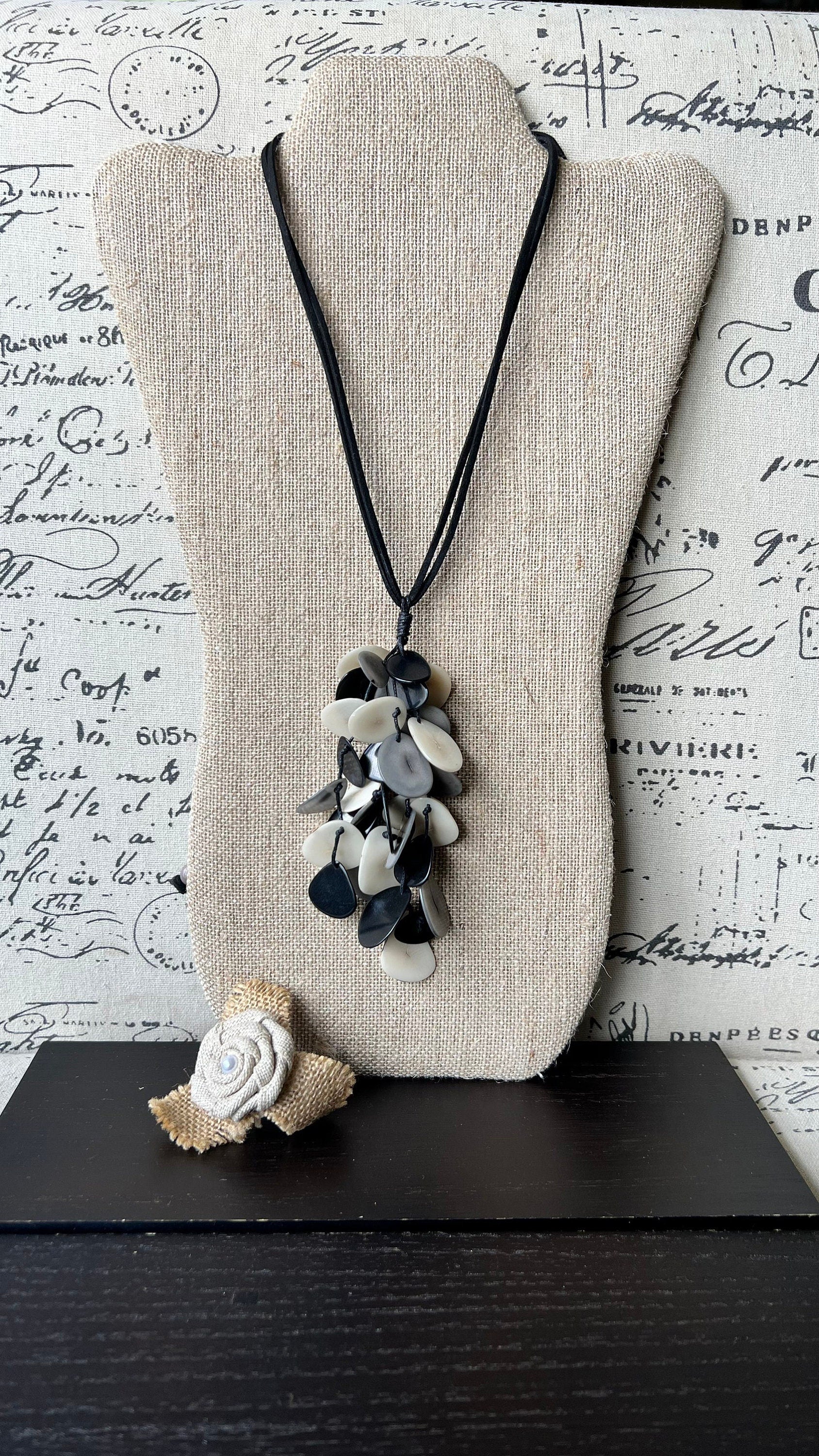 Black white and gray pendant necklace Tagua jewelry Statement necklaces for women Art to wear Fall fashion trends Beach style Artsy gifts