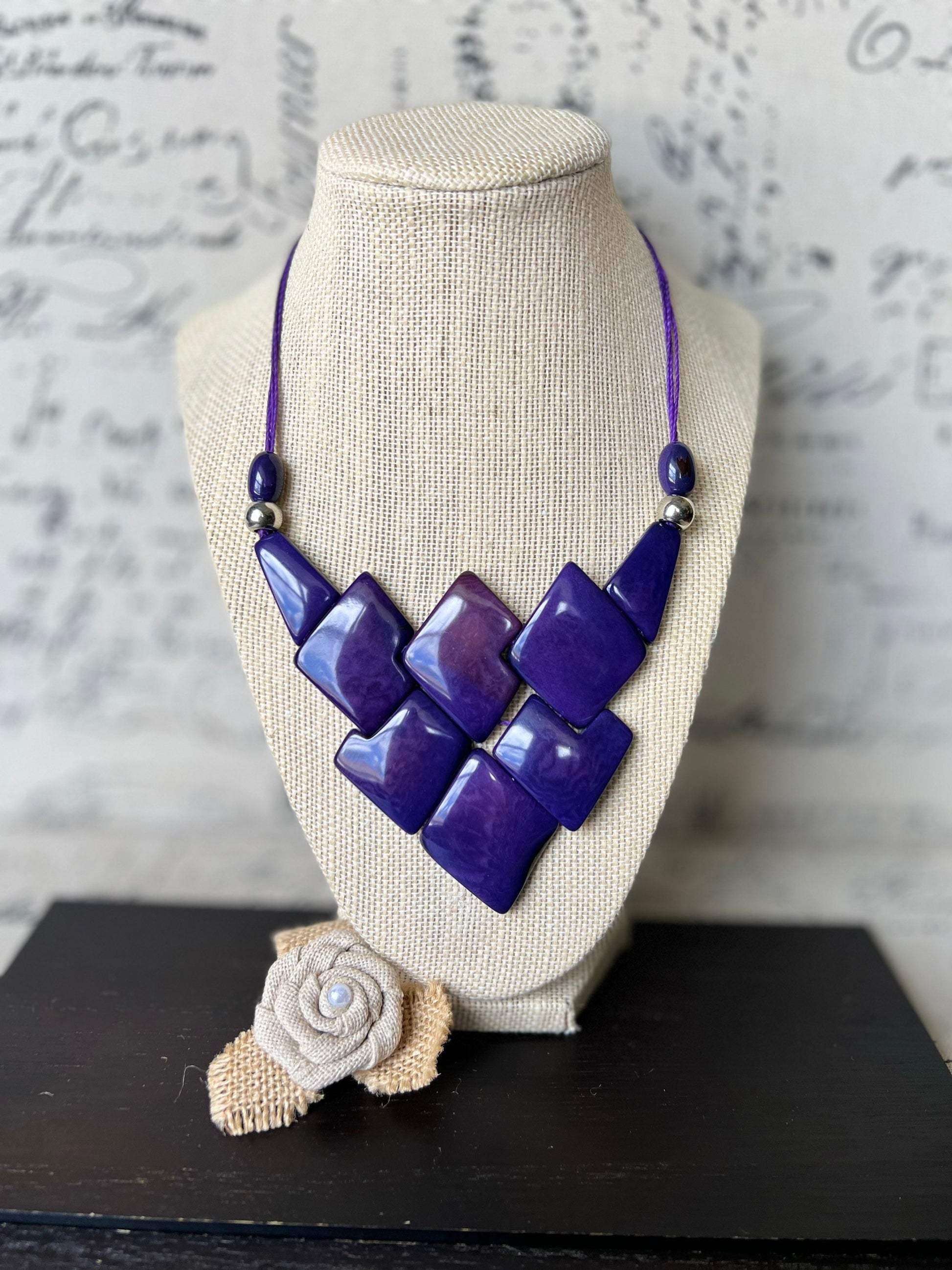 Purple statement necklace Tagua jewelry Handmade beaded necklace Adjustable cord Geometric necklace Fall fashion cruise wear Artsy gifts
