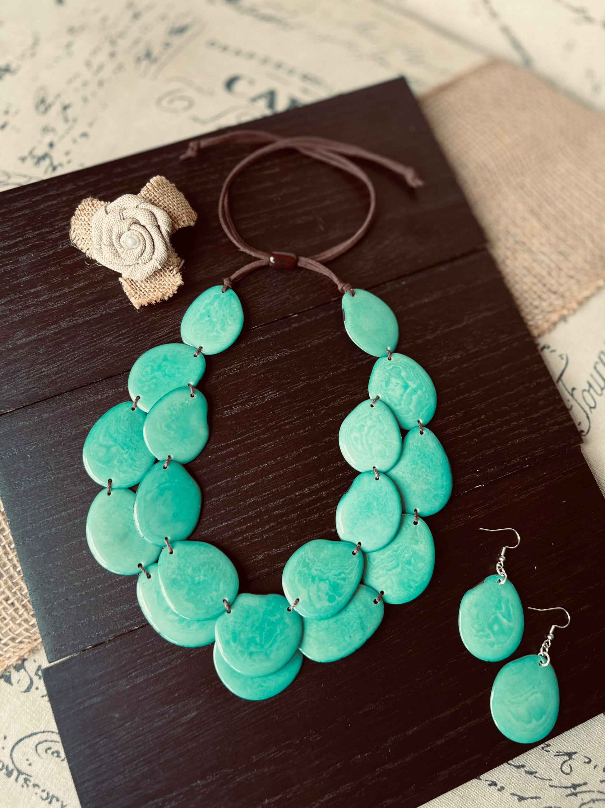 Turquoise statement necklace and earrings set Tagua nut jewelry Adjustable cord Big bold necklaces Fall fashion Wearable art Cruise wear