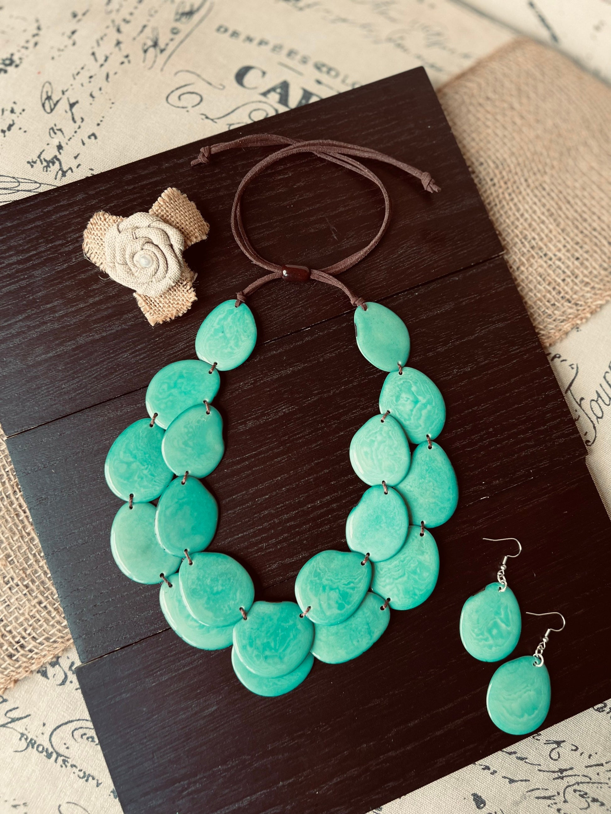 Turquoise statement necklace and earrings set Tagua nut jewelry Adjustable cord Big bold necklaces Fall fashion Wearable art Cruise wear