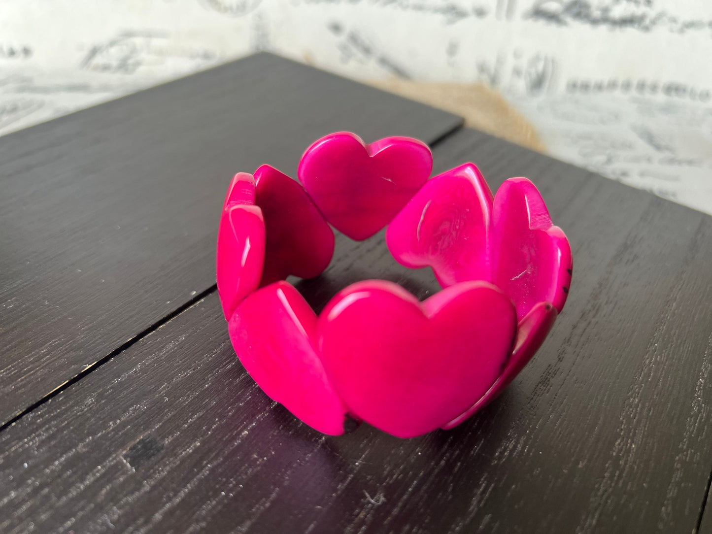 Hot pink heart bracelet Mother's Day gifts Tagua jewelry Love jewelry Weatable art Easter basket gifts Art to wear Stretch beaded bracelet