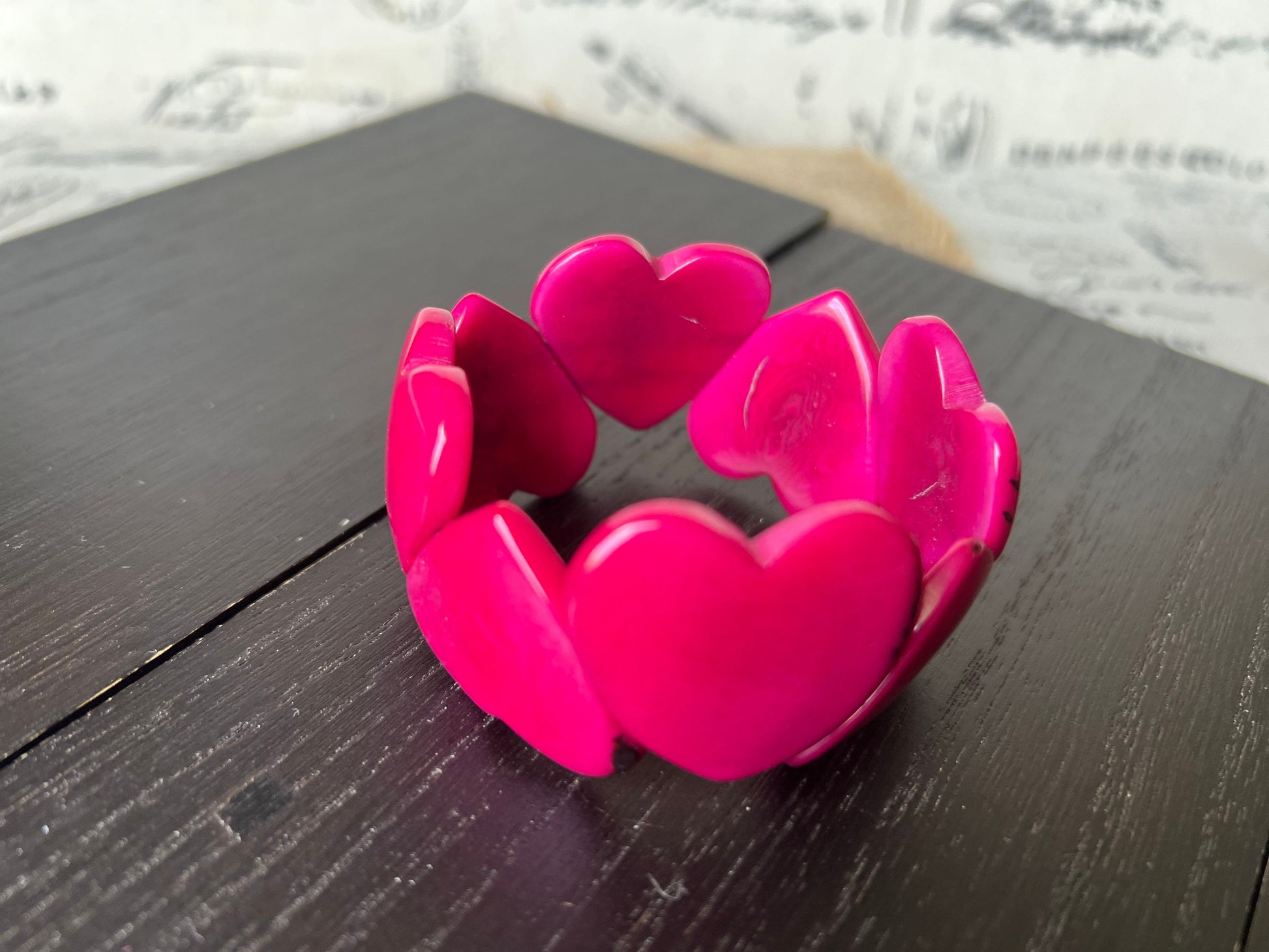 Hot pink heart bracelet Mother's Day gifts Tagua jewelry Love jewelry Weatable art Easter basket gifts Art to wear Stretch beaded bracelet