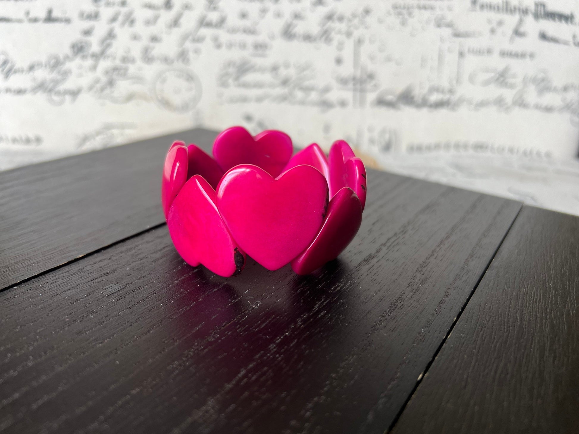 Hot pink heart bracelet Mother's Day gifts Tagua jewelry Love jewelry Weatable art Easter basket gifts Art to wear Stretch beaded bracelet