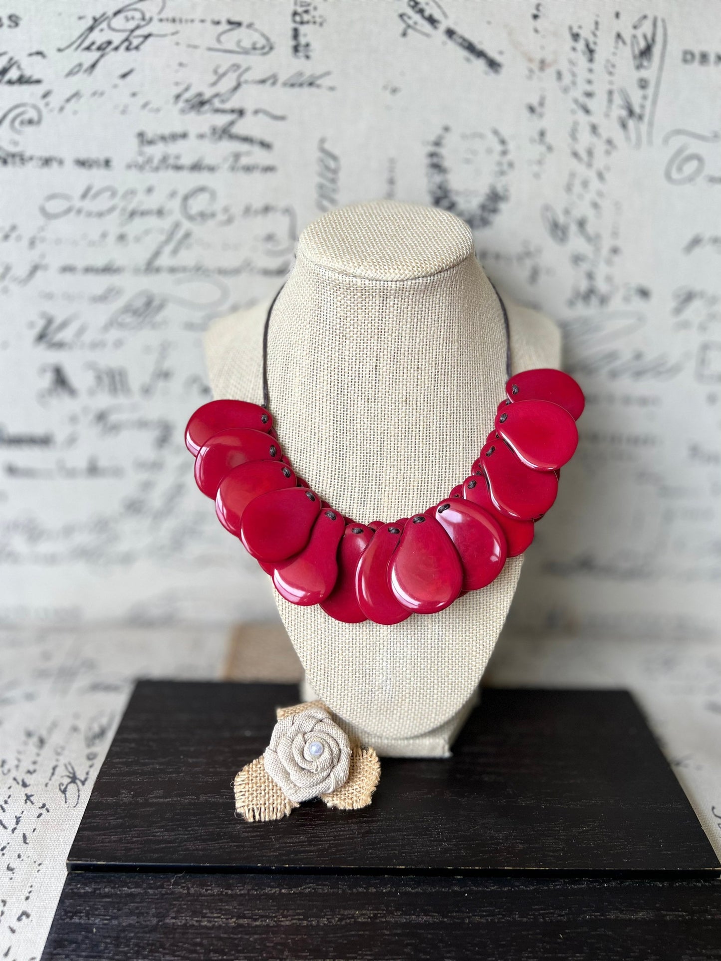 Red statement necklaces for women Tagua necklace Adjustable cord Handmade beaded necklaces Wearable art Fall fashion Beach wear Artsy gift