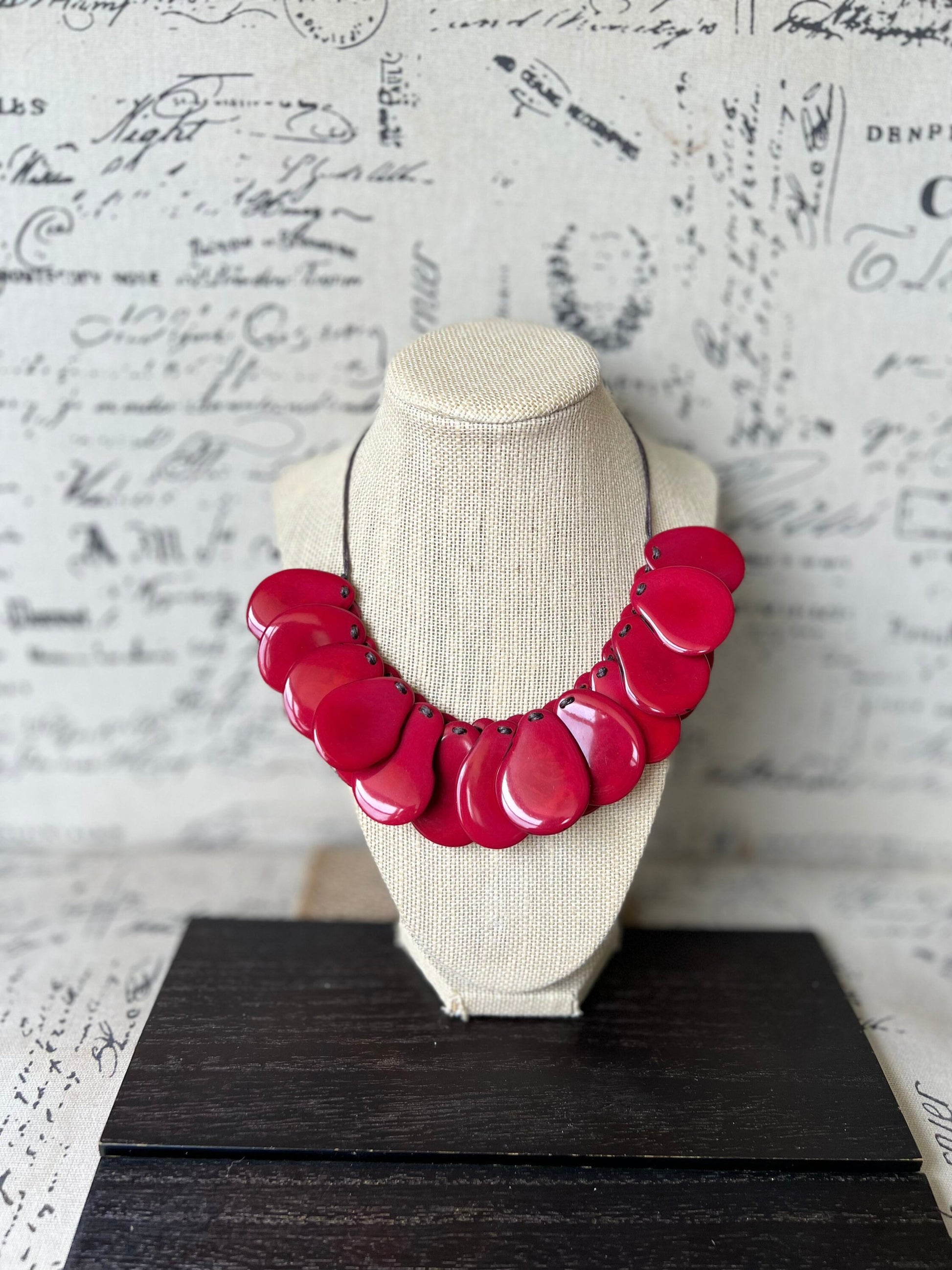 Red statement necklaces for women Tagua necklace Adjustable cord Handmade beaded necklaces Wearable art Fall fashion Beach wear Artsy gift