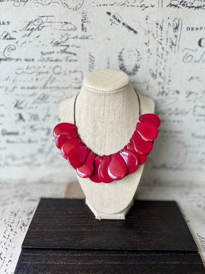 Red statement necklaces for women Tagua necklace Adjustable cord Handmade beaded necklaces Wearable art Fall fashion Beach wear Artsy gift
